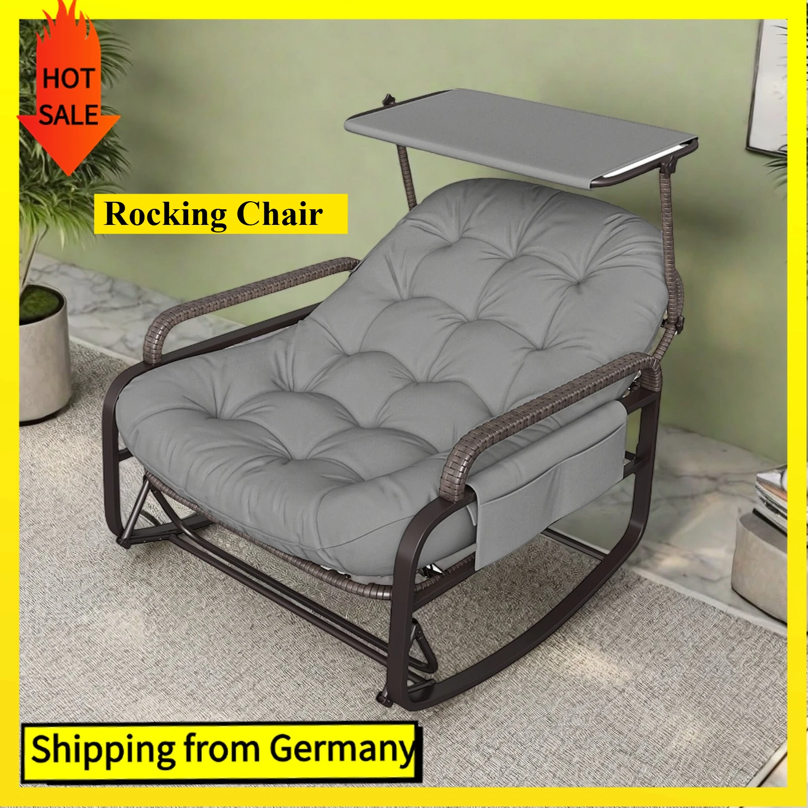 Comanlai Rattan-Schaukelstuhl mit Kissen und verstellbarem Sonnendach, Loungesessel mit klappbarer Fußstütze, Seitentasche und Rückenlehne