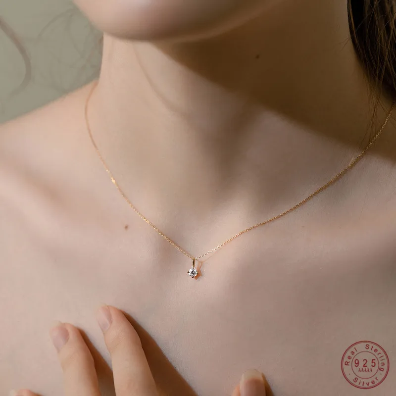 Halskette mit 925er-Sterlingsilber, 14 Karat, klassische Schlüsselbeinkette mit vier Krallen und einem Zirkon für Damen, kleiner, exquisiter Hochzeitsschmuck Image