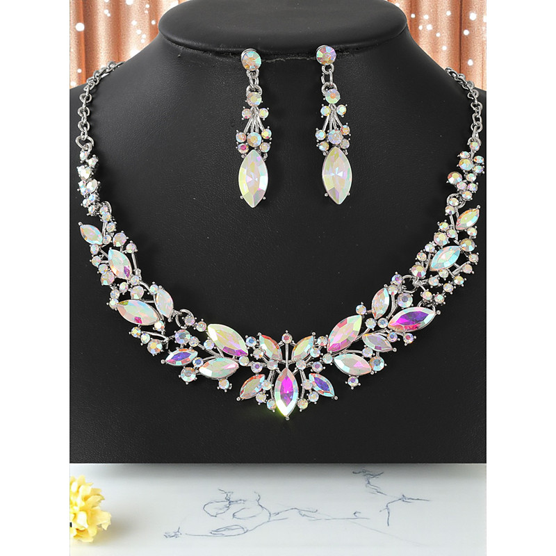 Women's Emerald Green Crystal Necklace and Earrings Set, Elegant Gold-Plated Jewelry for Evening Gala, Prom Cocktail Party
