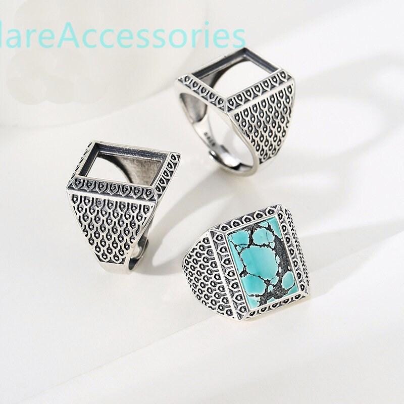 Anelli rettangolari in argento sterling, 10 x 15 mm, anello da uomo, anelli floreali in argento 925, anello regolabile, montatura per anello, castone