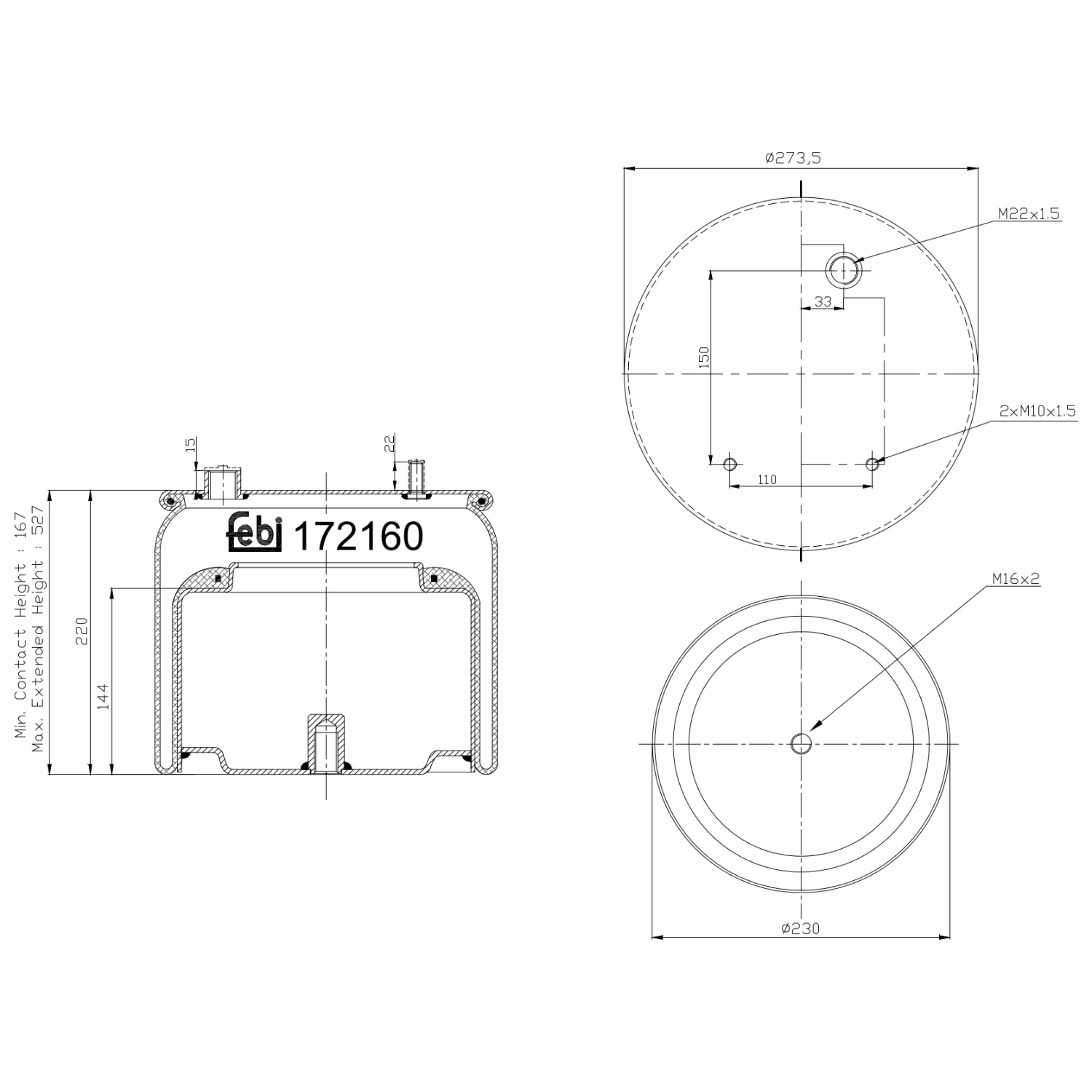 FEBI BILSTEIN Federbalg, Luftfederung Universal hinten rechts links mit Kolben 230mm für DAF 1901305 172160 Image