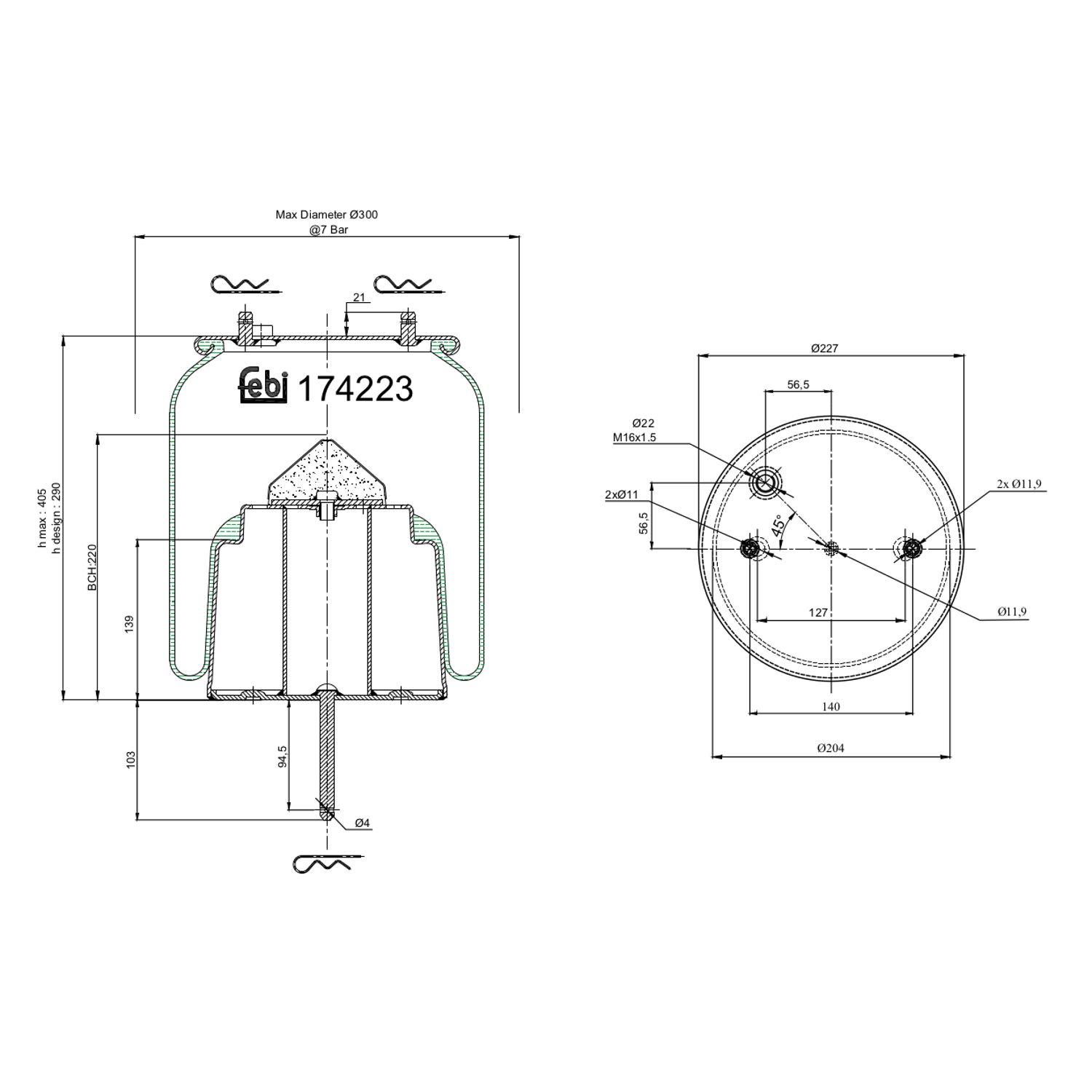 FEBI BILSTEIN Federbalg, Luftfederung Universal hinten rechts links mit Kolben 227mm 174223 Image
