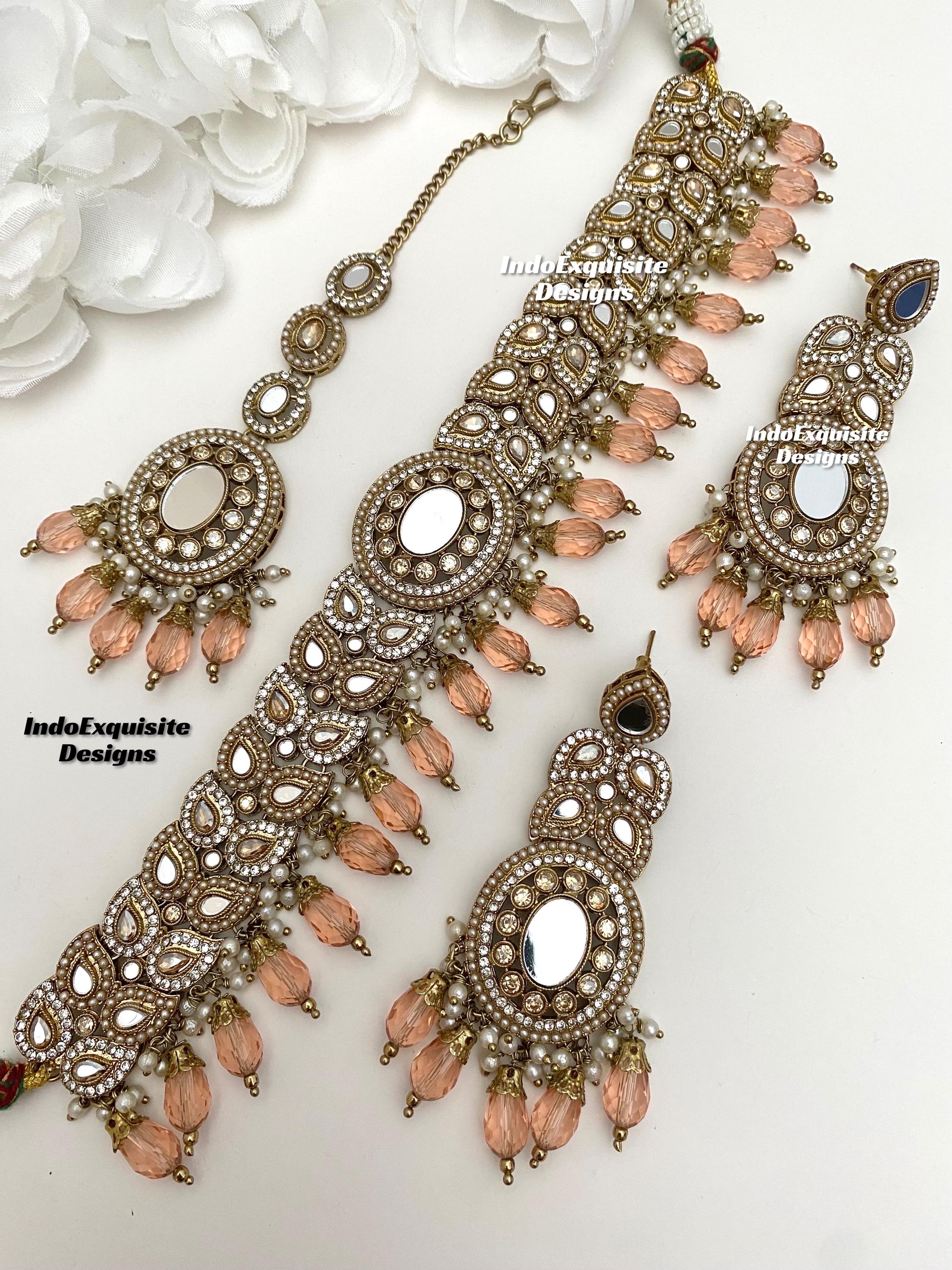 Elegantes antikes Gold Basis Spiegel Choker Set/Indischer Schmuck/hochwertiger Spiegel Polki Schmuck/einzigartiger Choker Set/Pfirsich