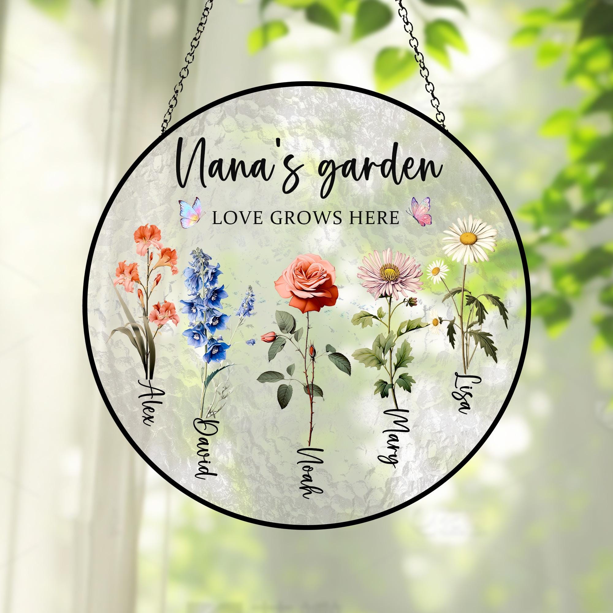 Benutzerdefinierte Oma, Nana Garten Suncatcher, personalisierte Geburtsblume Glasmalerei Fenster hängenden Suncatcher, Geschenk für Muttertag, Oma, Mo