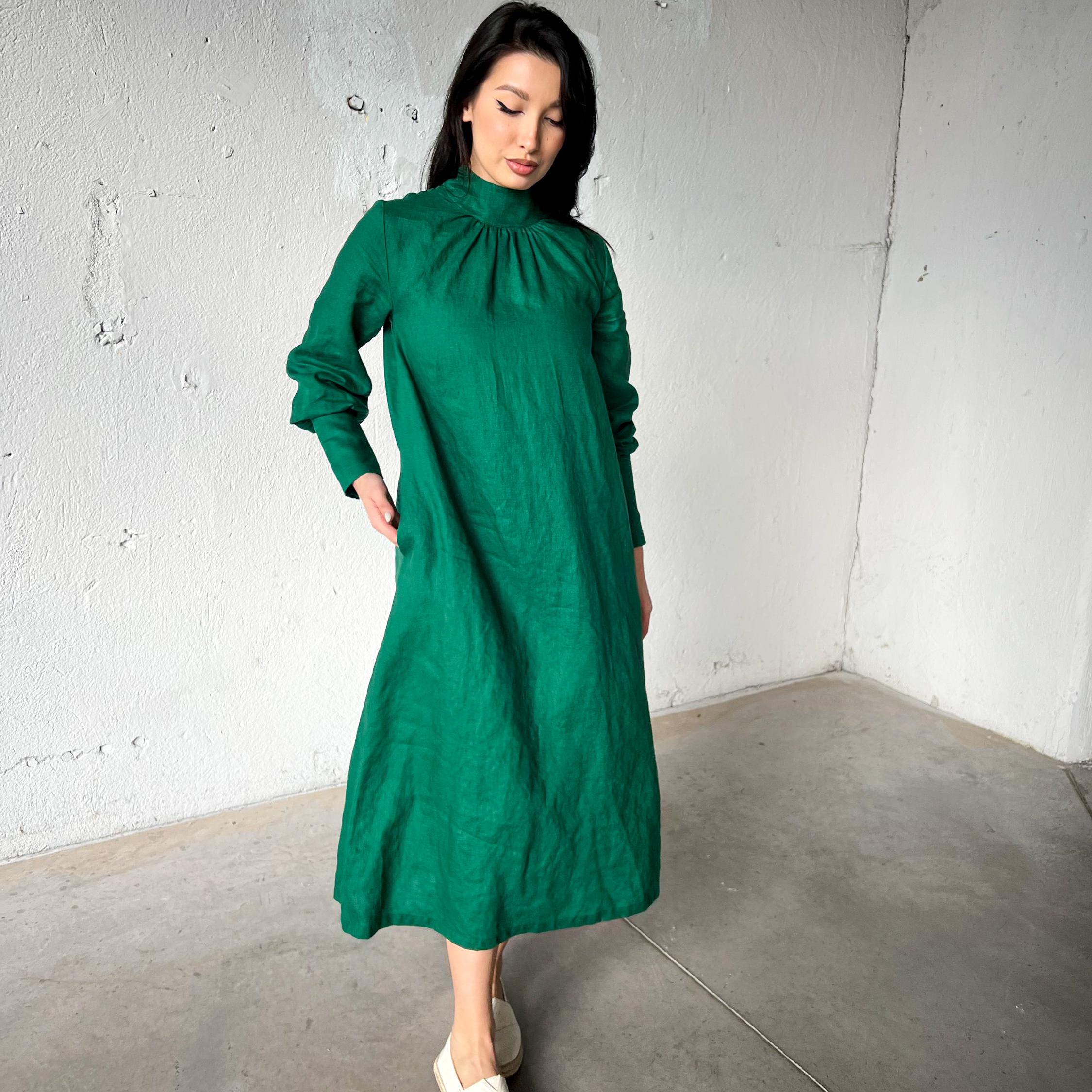 Lockeres Leinenkleid, Puffärmel Leinenkleid, Leinenkleid mit Rollkragen, langes Leinenkleid, Sommer-Maxikleid, Romantisches Kleid, Grünes Leinenkleid