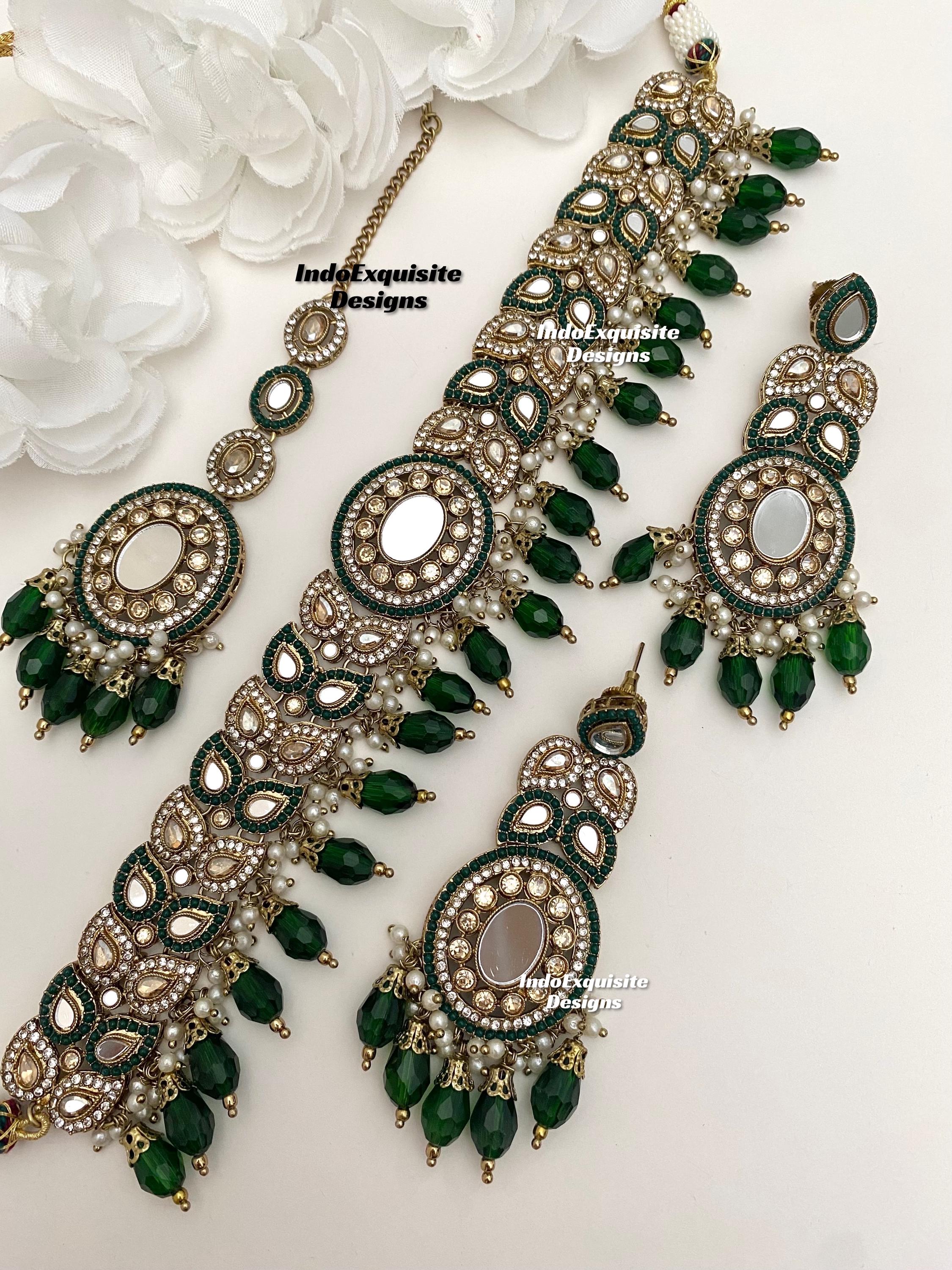 Elegantes antikes Gold Basis Spiegel Halsband Set/Indischer Schmuck/hochwertiger Spiegel Polki Schmuck/einzigartiges Choker Set/grün