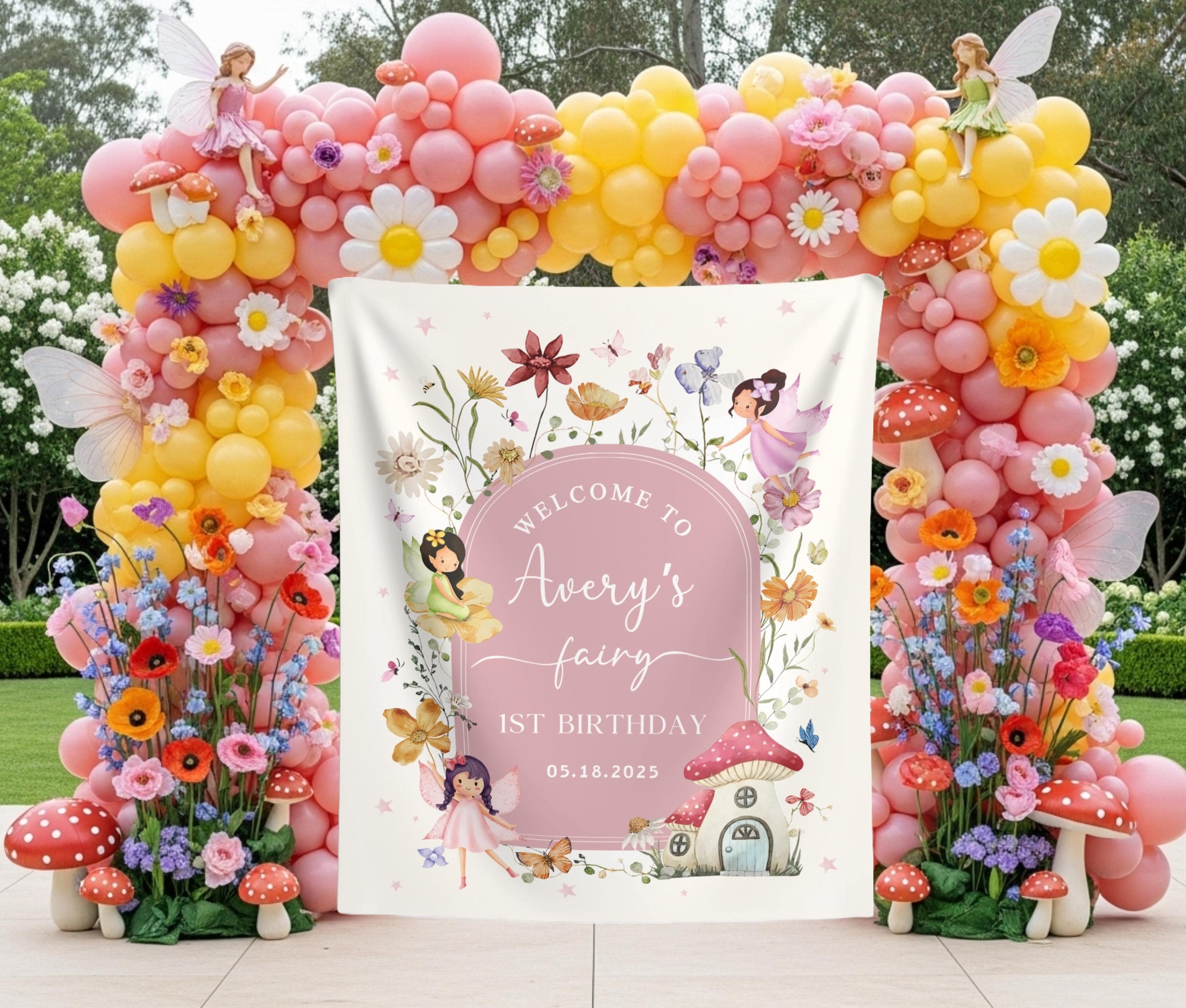 Fee erster Geburtstag Hintergrund Benutzerdefinierte Fairy Garden Mädchen 1. Geburtstag Party Banner Magische Fee Willkommensschild Verzauberte Fee Ta
