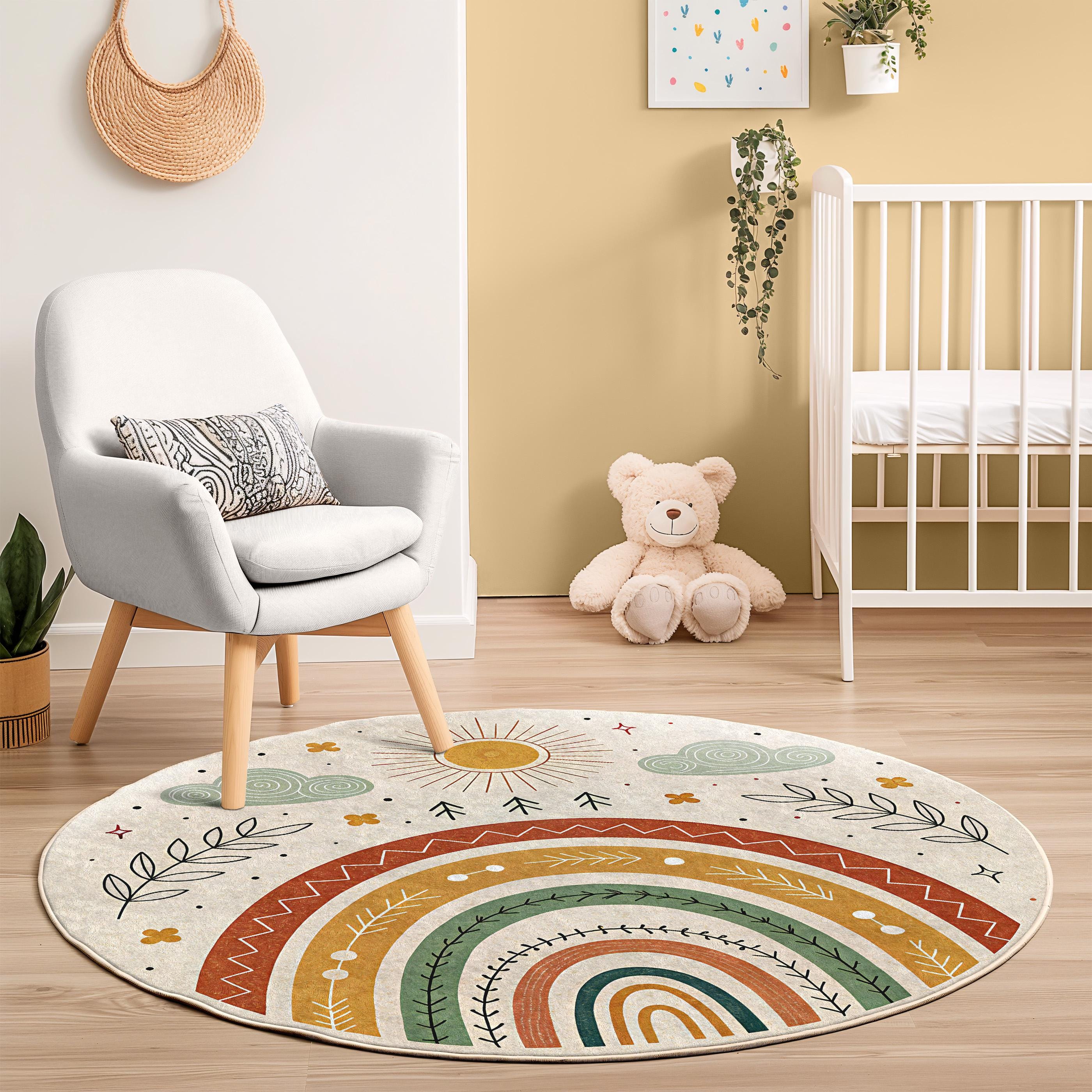 Boho Regenbogen Runder Kinderteppich - Himmlische Sonne und Wolken - Kinderzimmer Dekor - Erdige Töne Kreis Teppich - Boho Kinderzimmer Bodenmatte