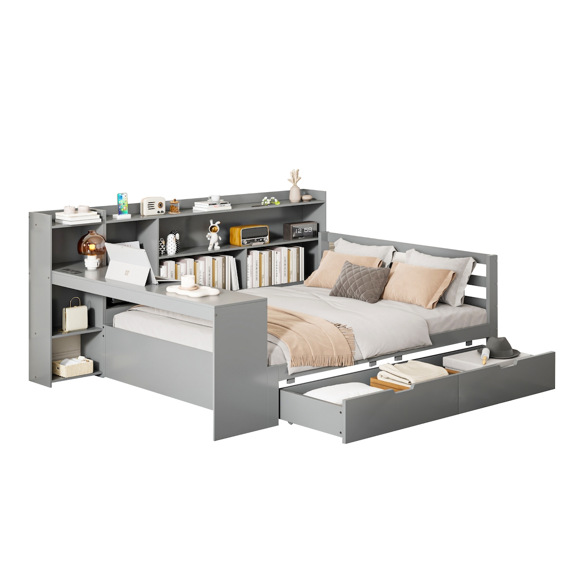 OKWISH Multifunktionales Schlafsofa-Bett Massivholz 140x200 grau mit Schreibtisch, Steckdose, Regalen & Schubladen - Platzsparend Image
