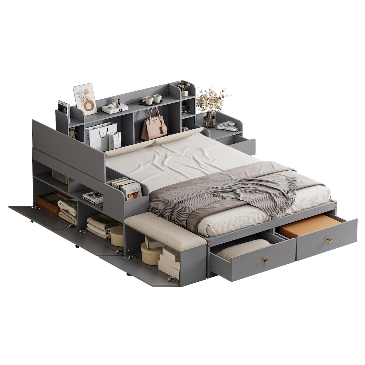 OKWISH Massivholz Kombibett 140x200 mit gepolstertem Kopfteil, Stauraum Sideboard, Sofabank, Nachttisch und Schubladen, Polsterbett Doppelbett Grau Image