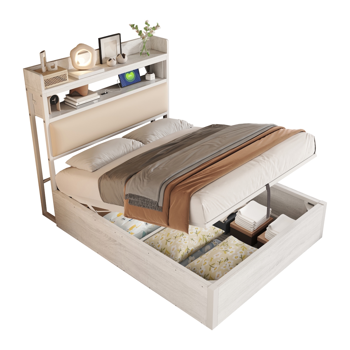 OKWISH Polsterbett 160×200 mit Stauraum, Lattenrost und verstellbarem Kopfteil, komfortabler Samtbezug, MDF- und Metallrahmen, Grau Image