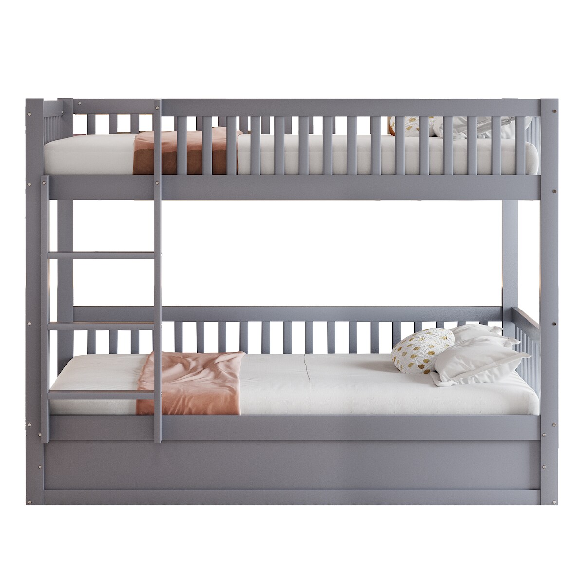 OKWISH Etagenbett 90×200 aus Massivholz mit hydraulischem Stauraum, robuster Rahmen, Sicherheitsleiter, Lattenrost, langlebig, praktisch, grau Image