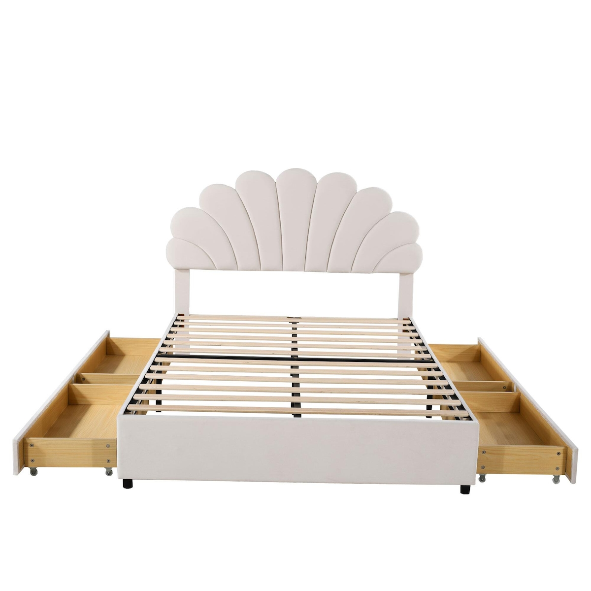 OKWISH Plattformbett 140x200 cm Samt Beige, gepolstertes Bett mit Schubladen, Lattenrost, stabiles Design für Schlafzimmer, komfortabel und elegant Image