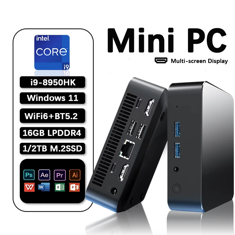 2025 Nuovo MiniPC Windows 11 Pro Intel Core i9 8950HK 16GB RAM 512GB 1TB 2TB SSD WIFI 6 BT5.2 Ultra Mini Notebook Hosting