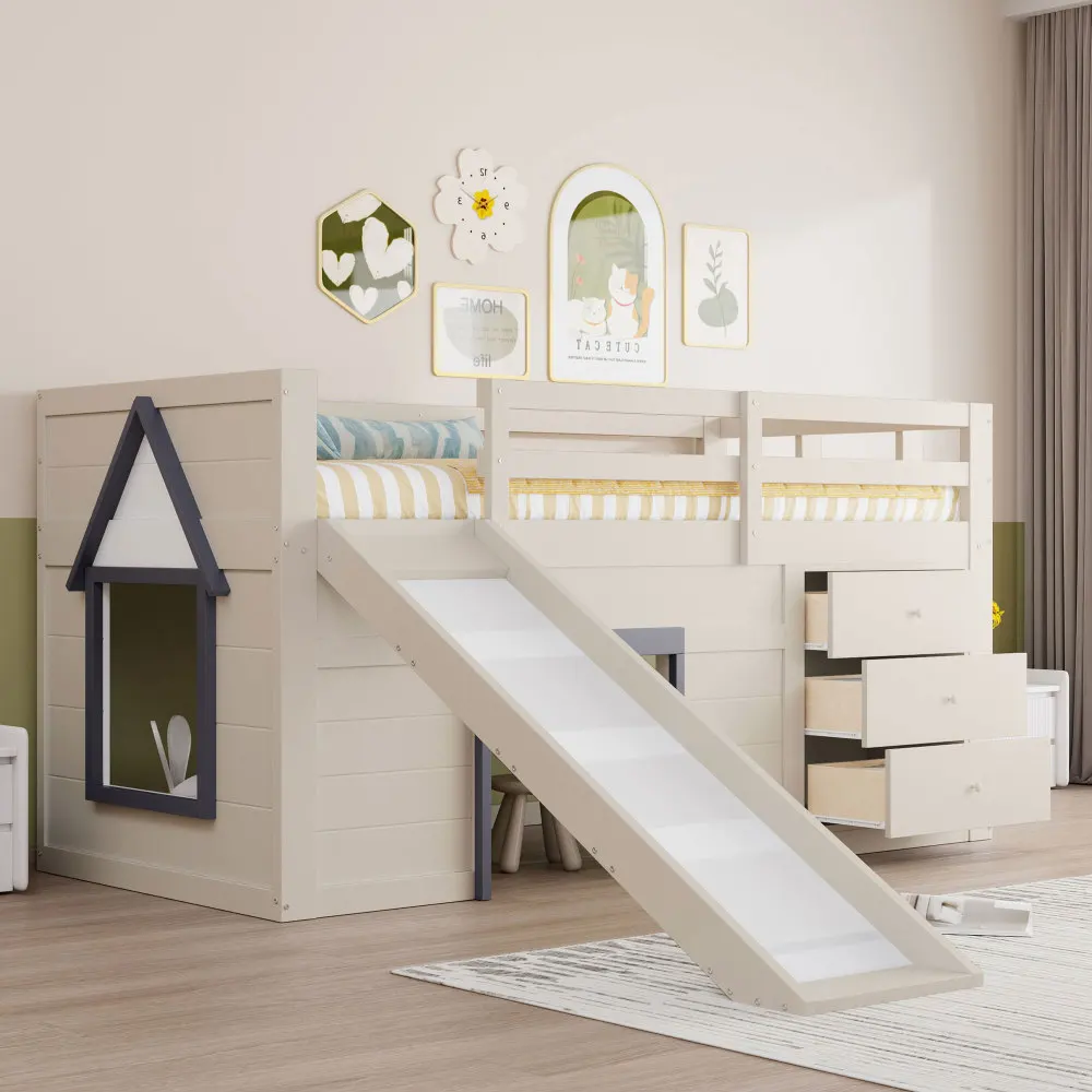Modernes High-End-Luxusschlafzimmer 90 x 200 cm/140 x 200 cm niedriges Hochbett mit Rutsche, drei Schubladen und zwei Türen, cremefarben, für Kinder und Erwachsene