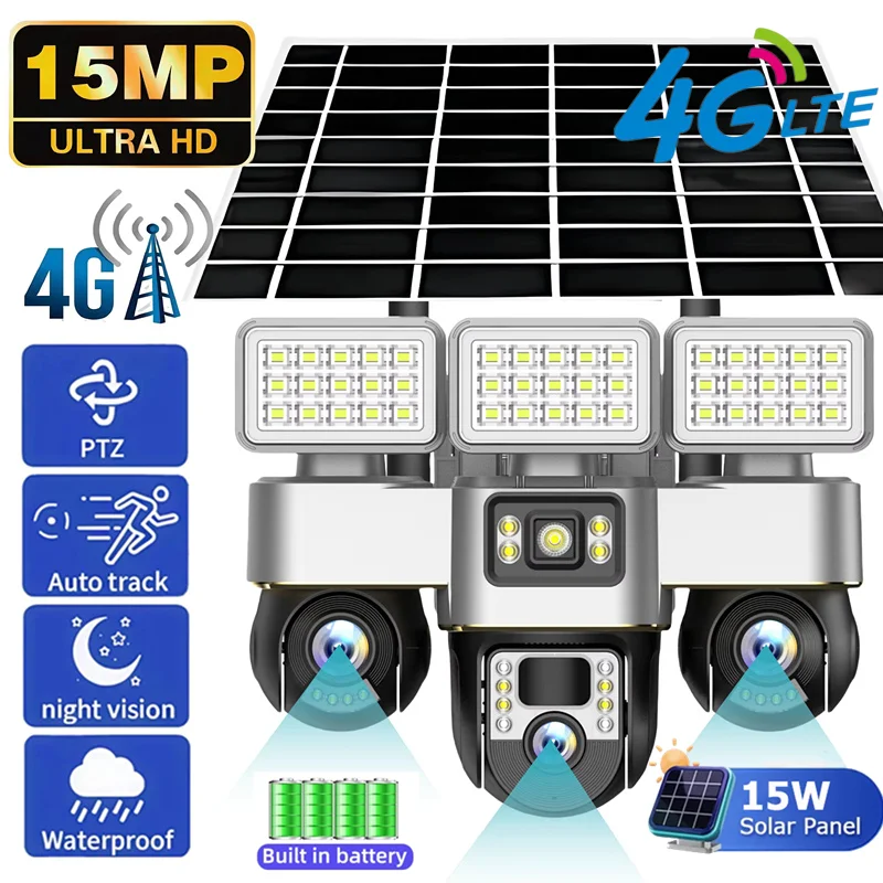 4G WiFi Solar Kamera Drei Objektiv Bildschirm Outdoor 15MP Low Power Batterie IP Kamera PIR Menschlichen Erkennung CCTV sicherheit Schutz Image