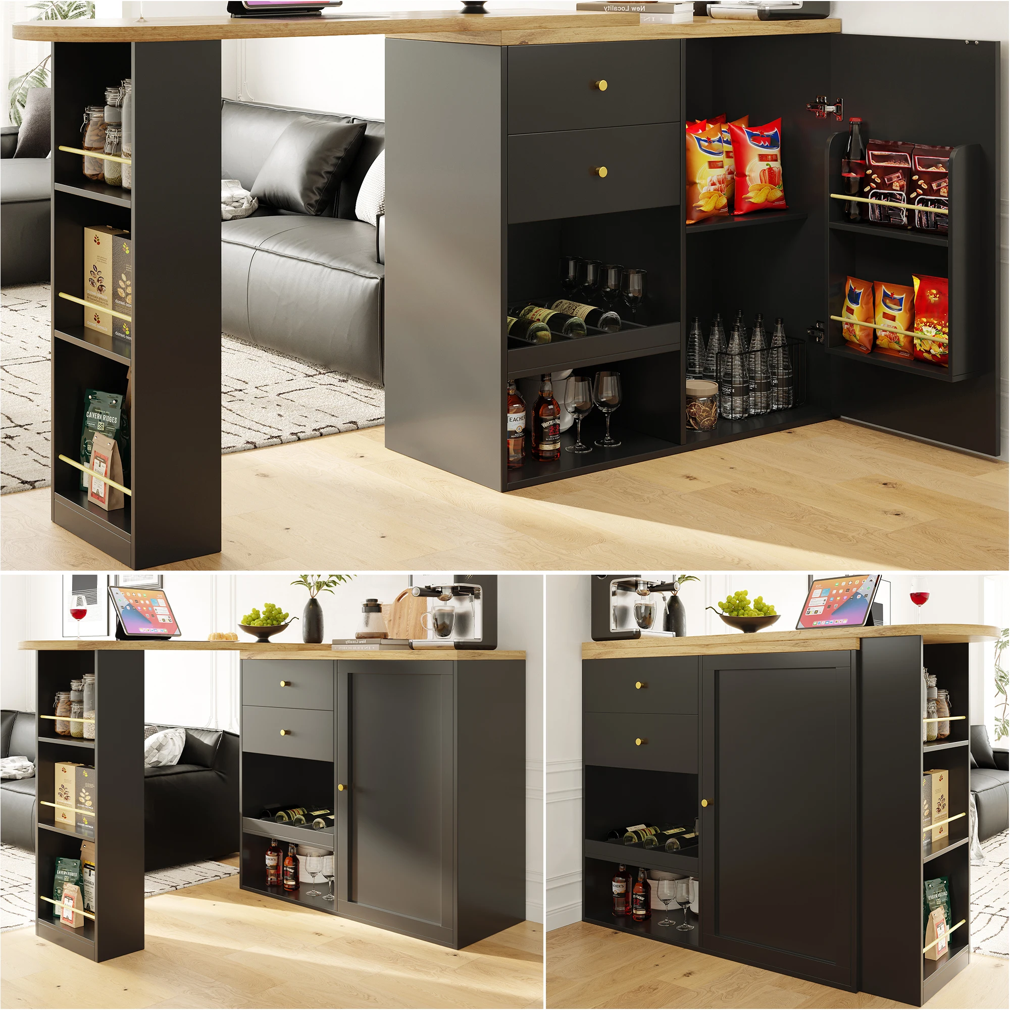 Pub-Bartisch mit 2 Schubladen, ausziehbarer Weinschrank mit Schiebetür, Frühstückstisch, für Esszimmer, 105 x 39 x 102 cm