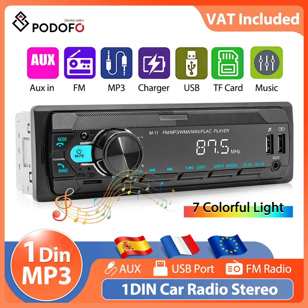 Podofo 1Din dans le tableau de bord autoradio lecteur MP3 lecteur contrôle numérique Bluetooth Audio musique stéréo 12V USB SD AUX-IN RCA Auto stéréo