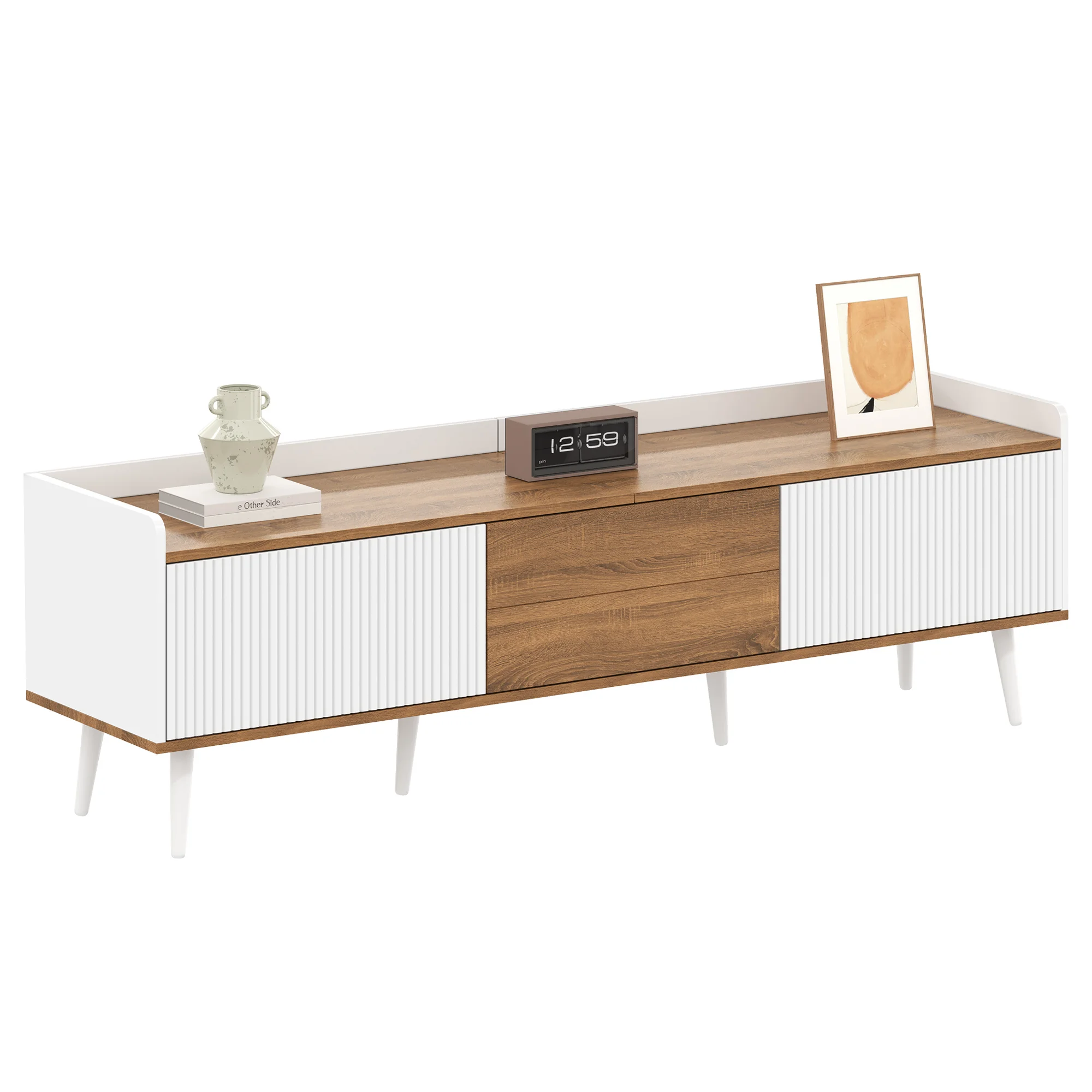Meuble TV, table TV, meuble TV, meuble base à trois portes. Conception compacte. Finition bois blanc et naturel.49,5 cm /160 cm /39 cm