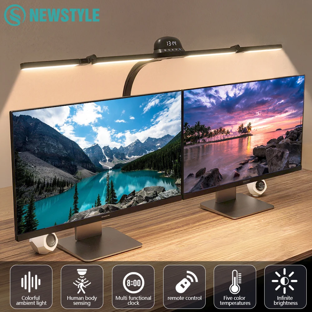 LED-Vollspektrum-Schreibtischlampe, augenschonend, 24 W, ultrahell, RGB, dimmbar, Computer-Monitorlampe, flexibler Schwanenhals, 4-Kopf-Schreibtischlampe