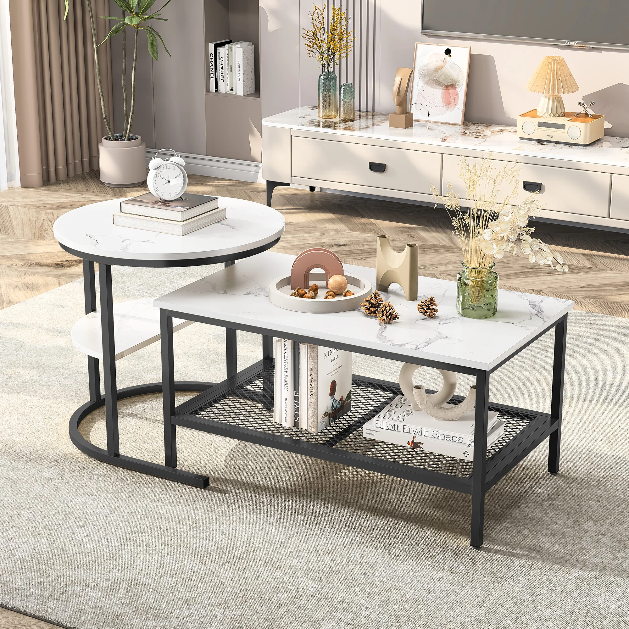 Couchtisch Satztisch 2er Set, Beistelltisch Set, Sofatisch für Wohnzimmer, Schwarz Metallgestell und Weiß Marmor Tischplatte