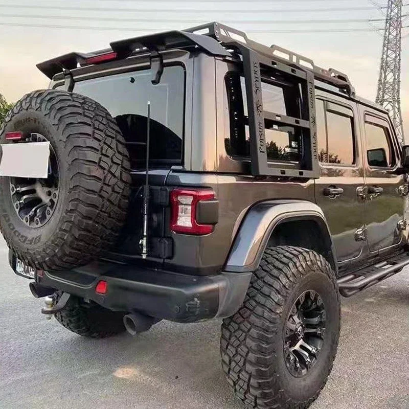 07-22 Seitliche Leiter Integrierter Gepäckträger Stahl 2-türiger Dachgepäckträger + 4 Scheinwerferlöcher sind für Jeep Wrangler geeignet