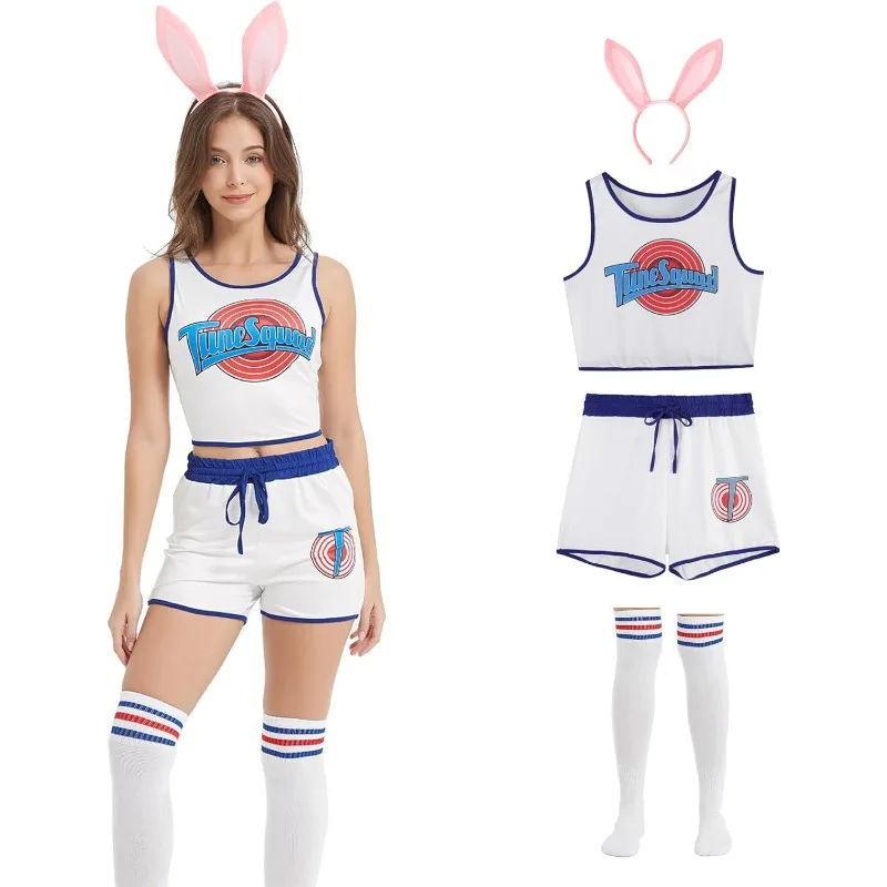 Halloween Damen Rabbit Bunny Cosplay Kostüm Komplettes Outfit Weltraumfilm mit Shorts Stirnband Socken Karneval Party Anzug Image