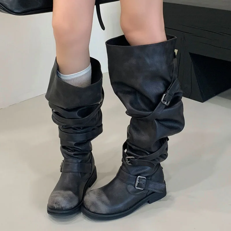 Eilyken Neue Design Runde Kappe Frauen Über Das Knie Stiefel Punk Stil Plissee Schnalle Platz Low Heels Herbst Winter Schuhe
