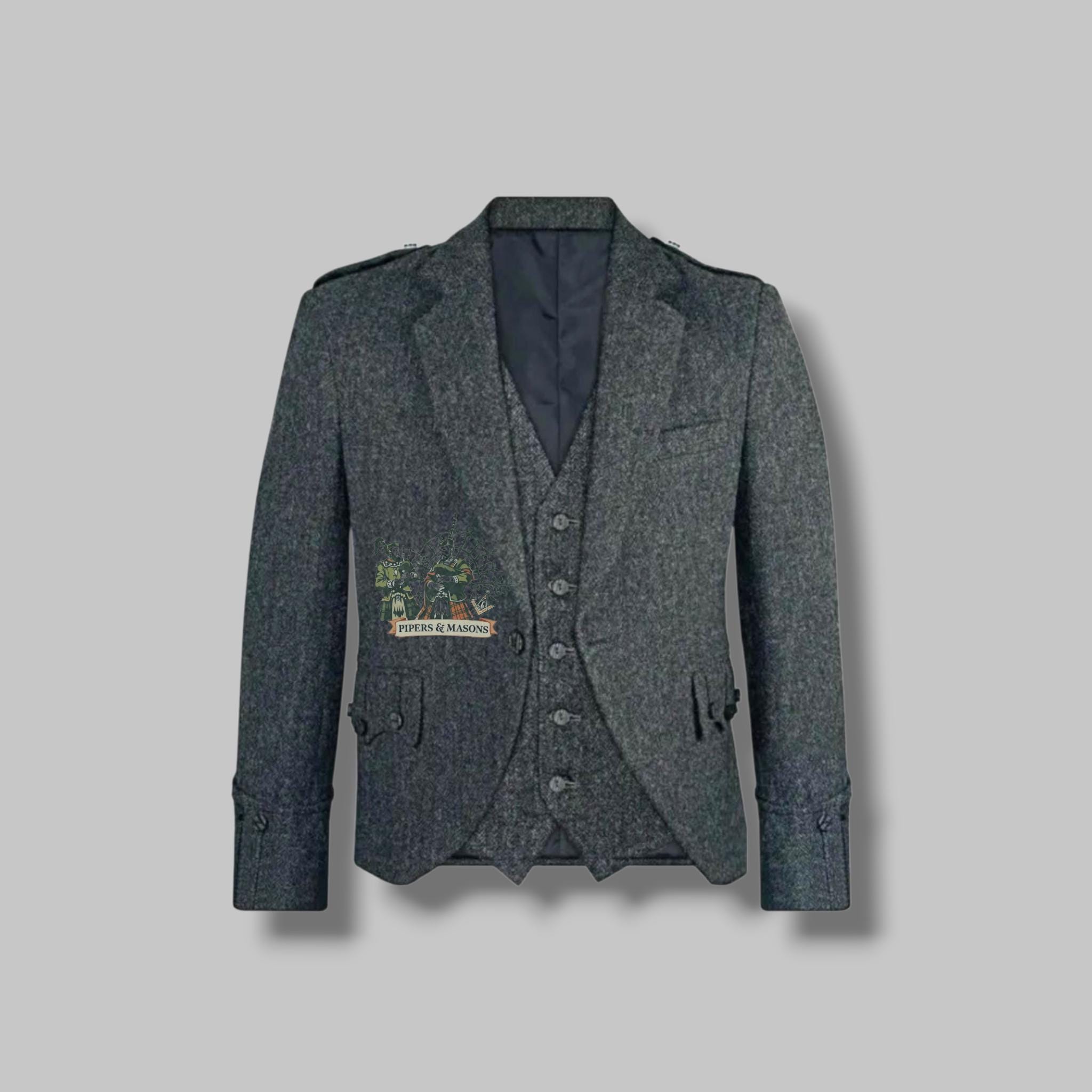 Giacca da uomo in tweed di lana grigio antracite Argyll con gilet, giacca da sposa scozzese Highland grigio antracite con gilet a 5 bottoni