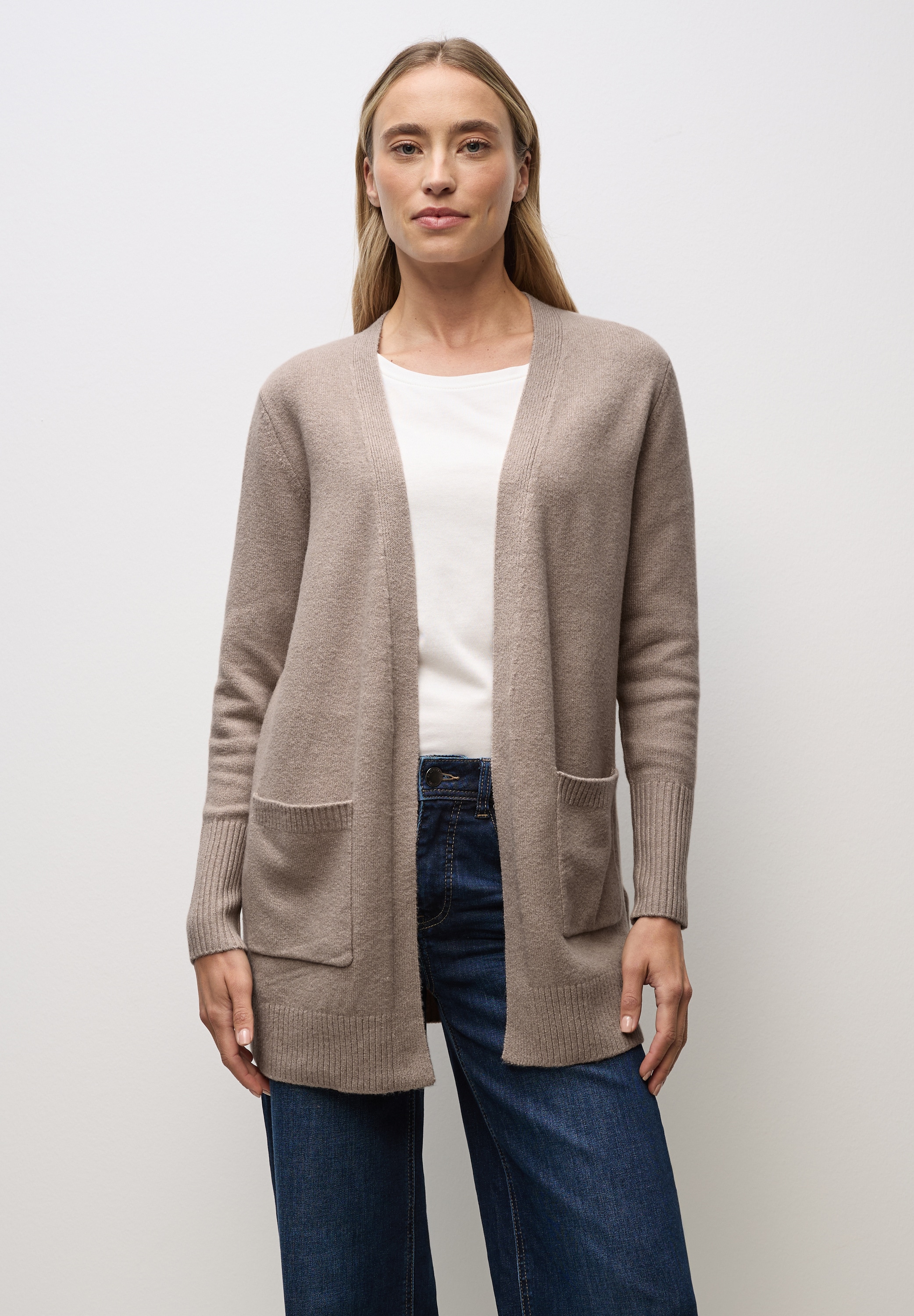 Cardigan STREET ONE, Damen, Gr. 38, sandstone mocha meliert, Web, 37% Baumwolle, 34% Polyacryl, 26% Polyester, 3% Elasthan, unifarben, normal hüftbedeckend, ohne Ausschnitt, Bündchen, Strickjacken, soft und weich Image