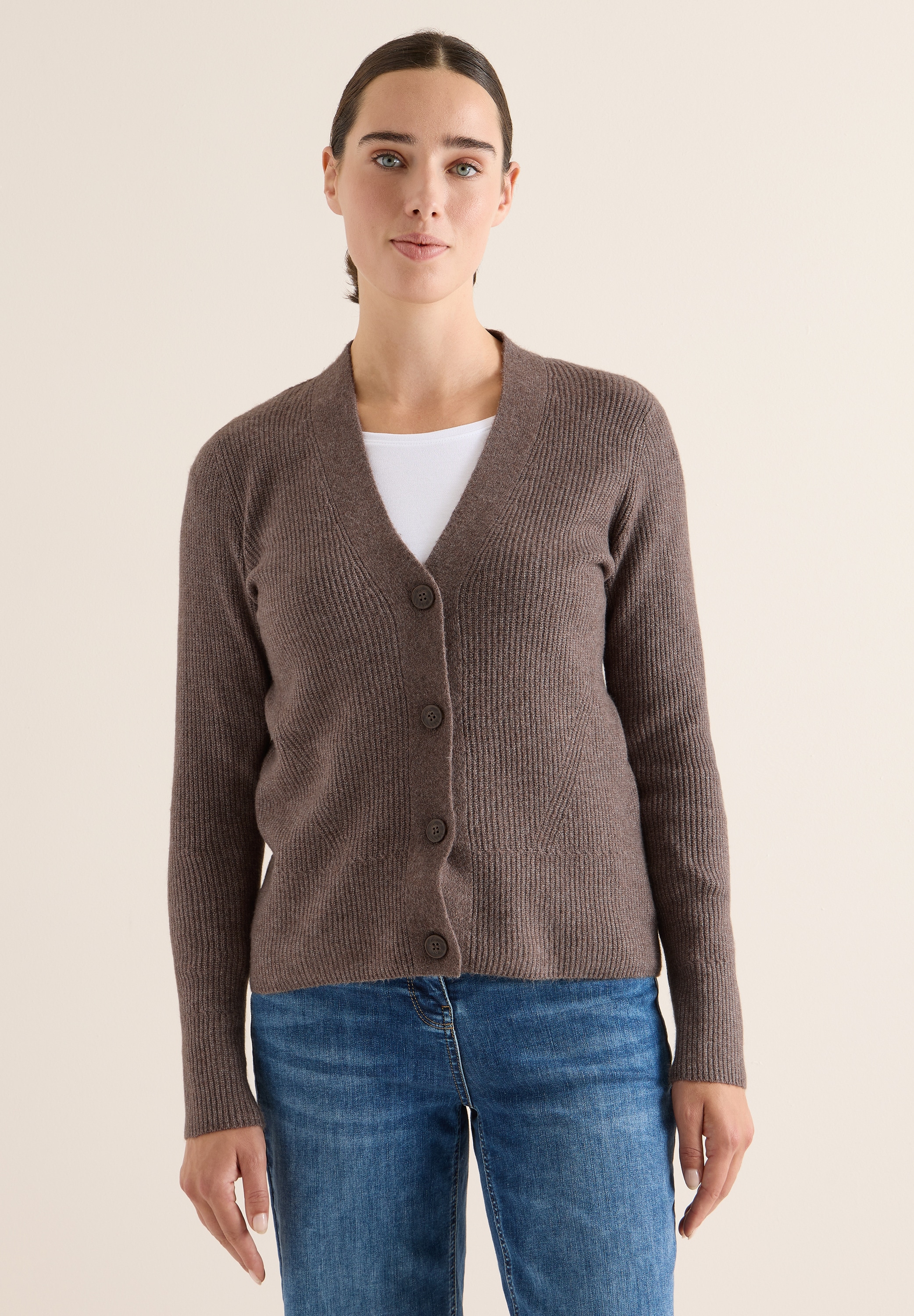 Cardigan CECIL, Damen, Gr. S (38), mushroom taupe melange, Web, 37% Baumwolle, 34% Polyacryl, 26% Polyester, 3% Elasthan, unifarben, normal normal, V-Ausschnitt, abgesteppt, Strickjacken, aus Feinstrick Image