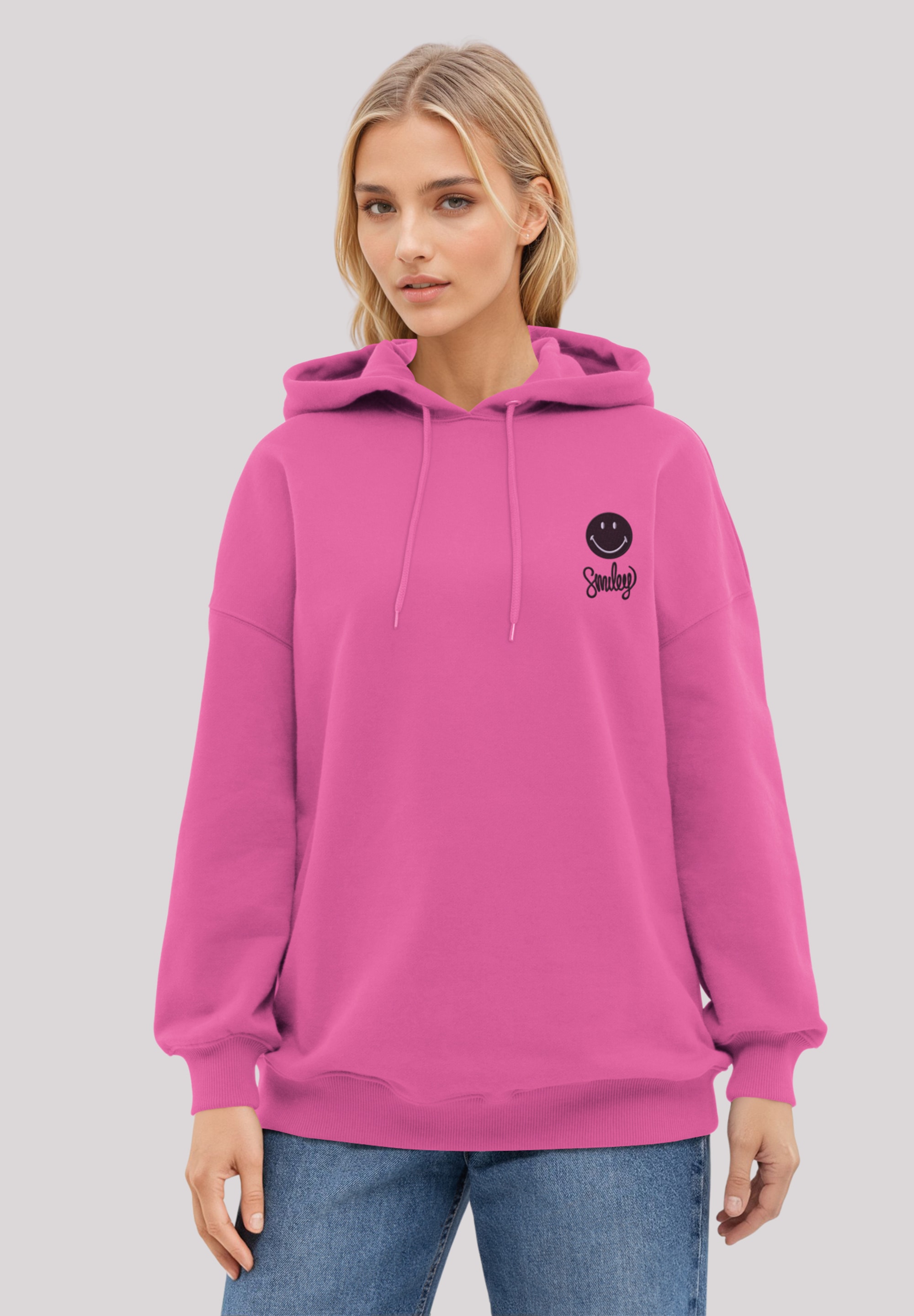 Kapuzenpullover F4NT4STIC "Smiley Script Wordmark dark Bestickt", Damen, Gr. M, hyper pink, Obermaterial: 80% Baumwolle, 20% Polyester, oversize, Pullover, Premium Qualität Image