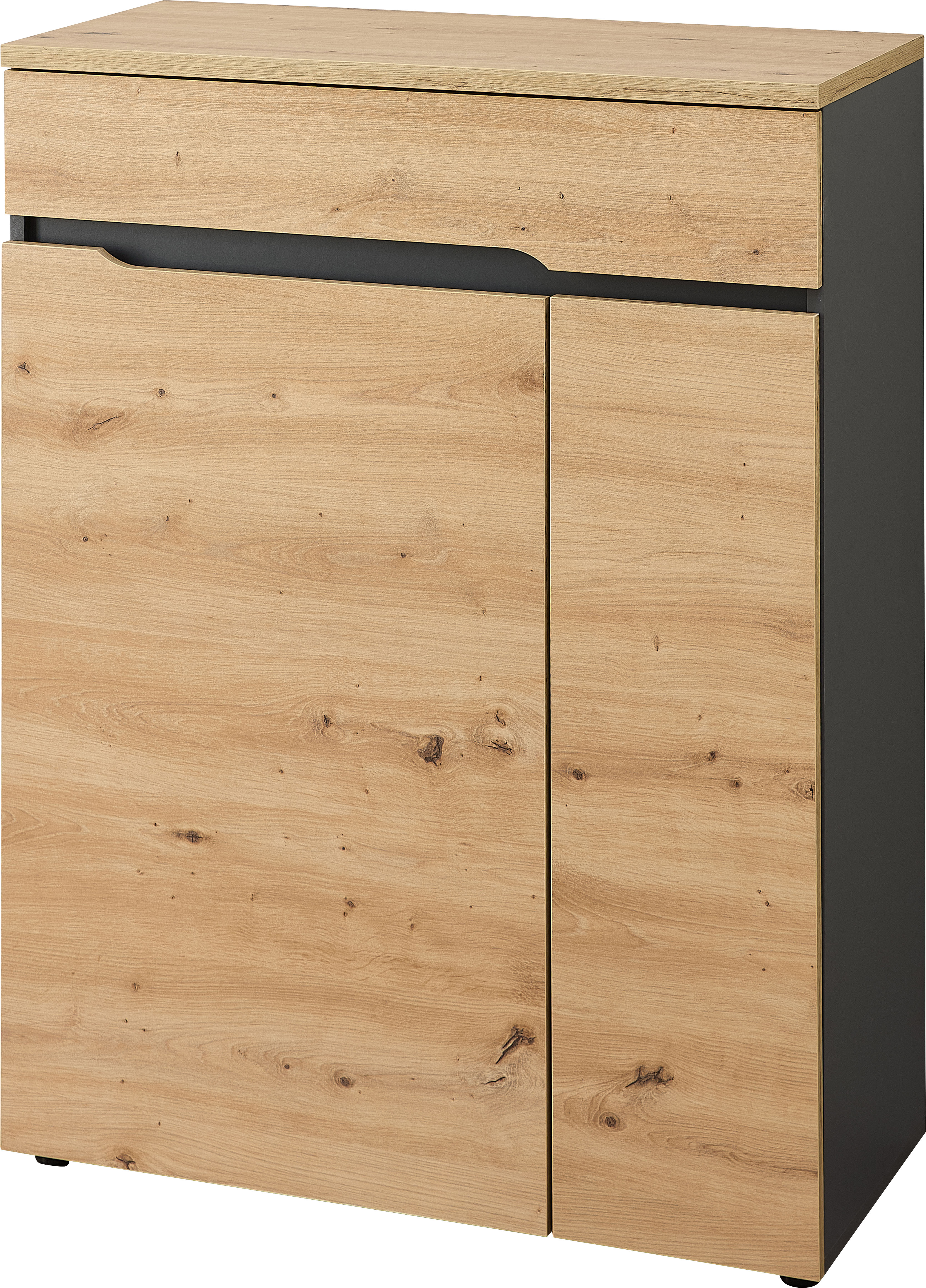Schuhschrank OTTO HOME "Fargo Schuhschrank, 80/107/38 (B/H/T cm)", artisan eiche, graphit dekor, B:80cm H:107cm T:38cm, Holzwerkstoff, Metall, Schränke, 2 türig, Schubkasten, Soft Close Image