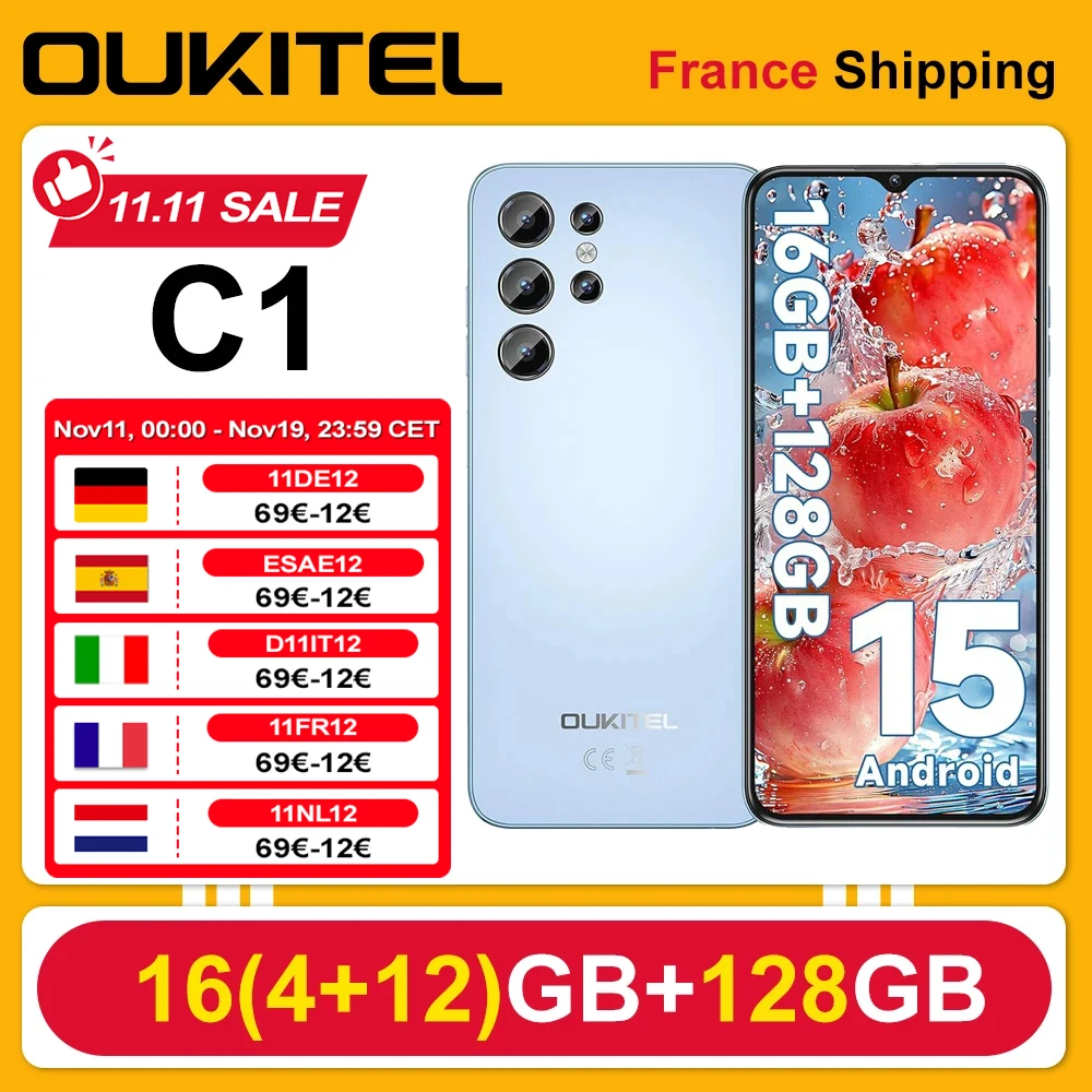OUKITEL C1 Android 15 Smartphone 16GB (4 + 12) 128GB téléphone portable 6.52 pouces HD + affichage 5150mAh 13MP + 5MP 4G GPS déverrouillage par empreinte digitale
