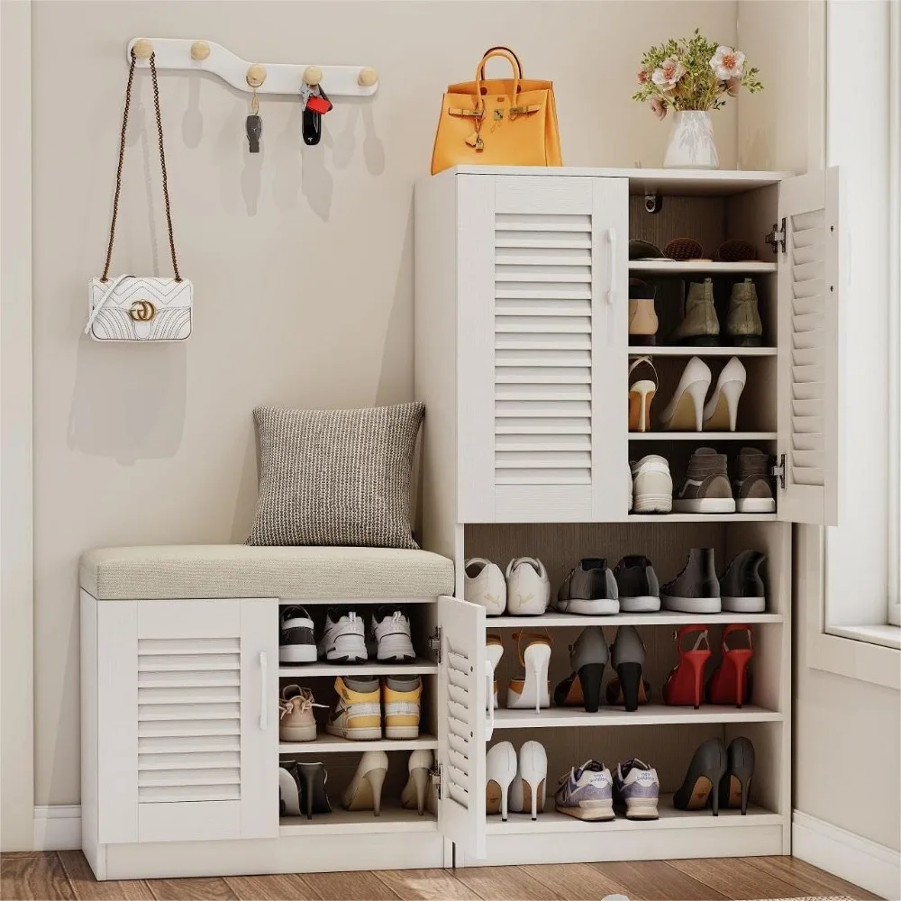 Shoe Cabinet with Storage Bench Set for Entryway,7-Tier Shoe Storage Cabinet and 3-Tier Cushioned Shoe Bench with Louvered Door
