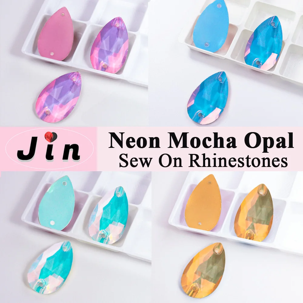 JIN Sew on Rhinestones Crystal Tear Drop Glass Mocha Opal Neon Sewing Diamond Flatback Stones For Needlework Clothes Accessories