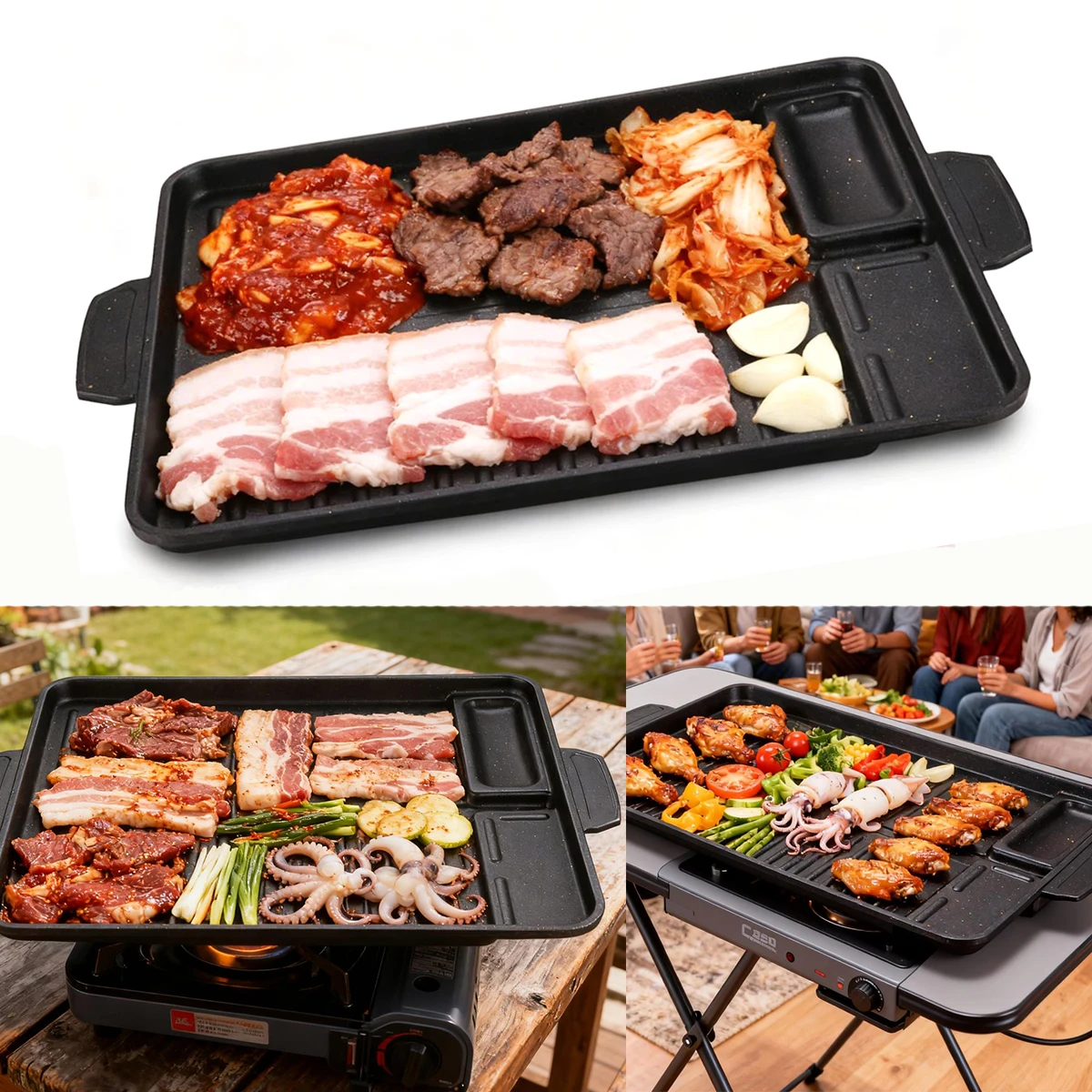 Koreanische BBQ-Grillpfanne zum Kochen im Innen- und Außenbereich, antihaftbeschichtet, rauchfrei, rechteckige Grillplatte mit Ölloch Image