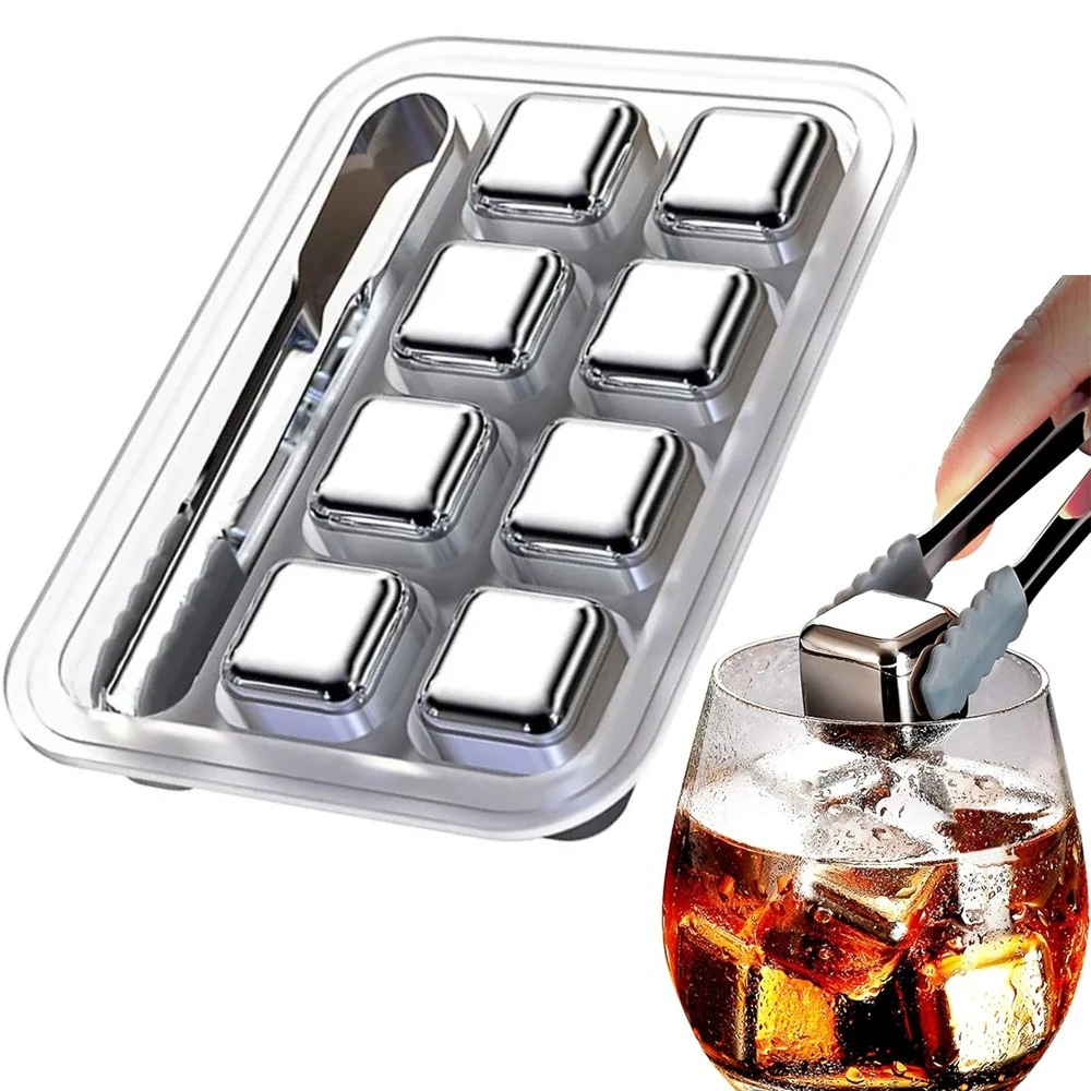 4/6/8/12 Whiskey Stones Barware Bier Eiskühlsteine Edelstahl Eissteine mit Eiszange und Gefrierschrank Aufbewahrungsbox Image