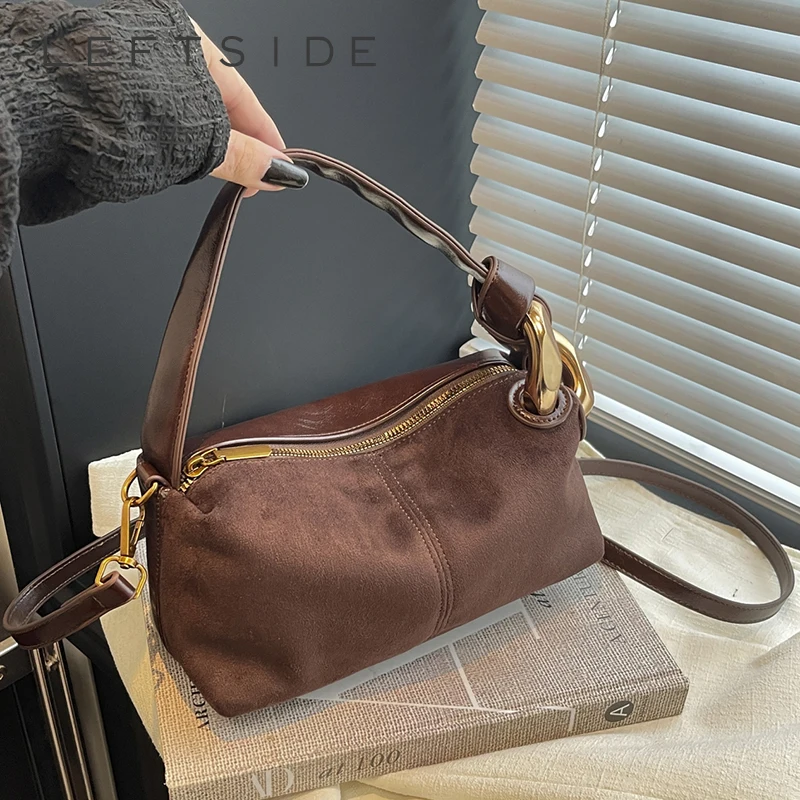 LEFTSIDE Borsa a tracolla piccola da donna in finta pelle scamosciata 2025 Tendenza invernale Borsa a tracolla morbida retrò Borse semplici di tendenza del designer di lusso