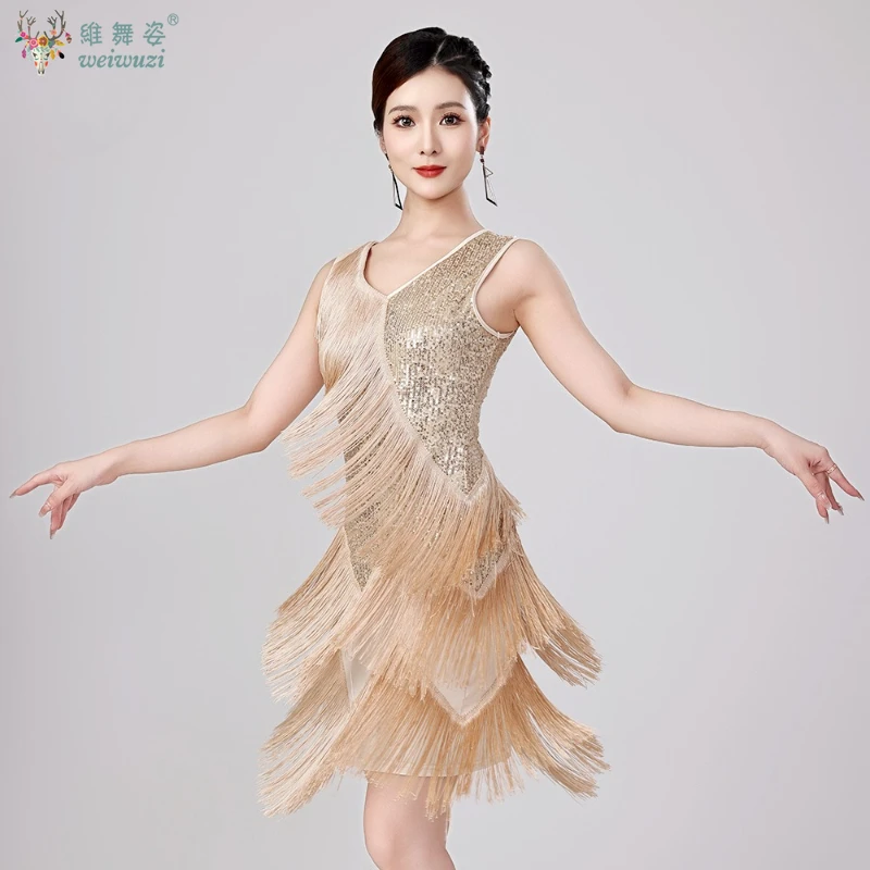 Abito da ballo latino con nappe con paillettes per donna Tango Rumba Samba Abiti da spettacolo per adulti Abiti da ballo per feste da competizione latina