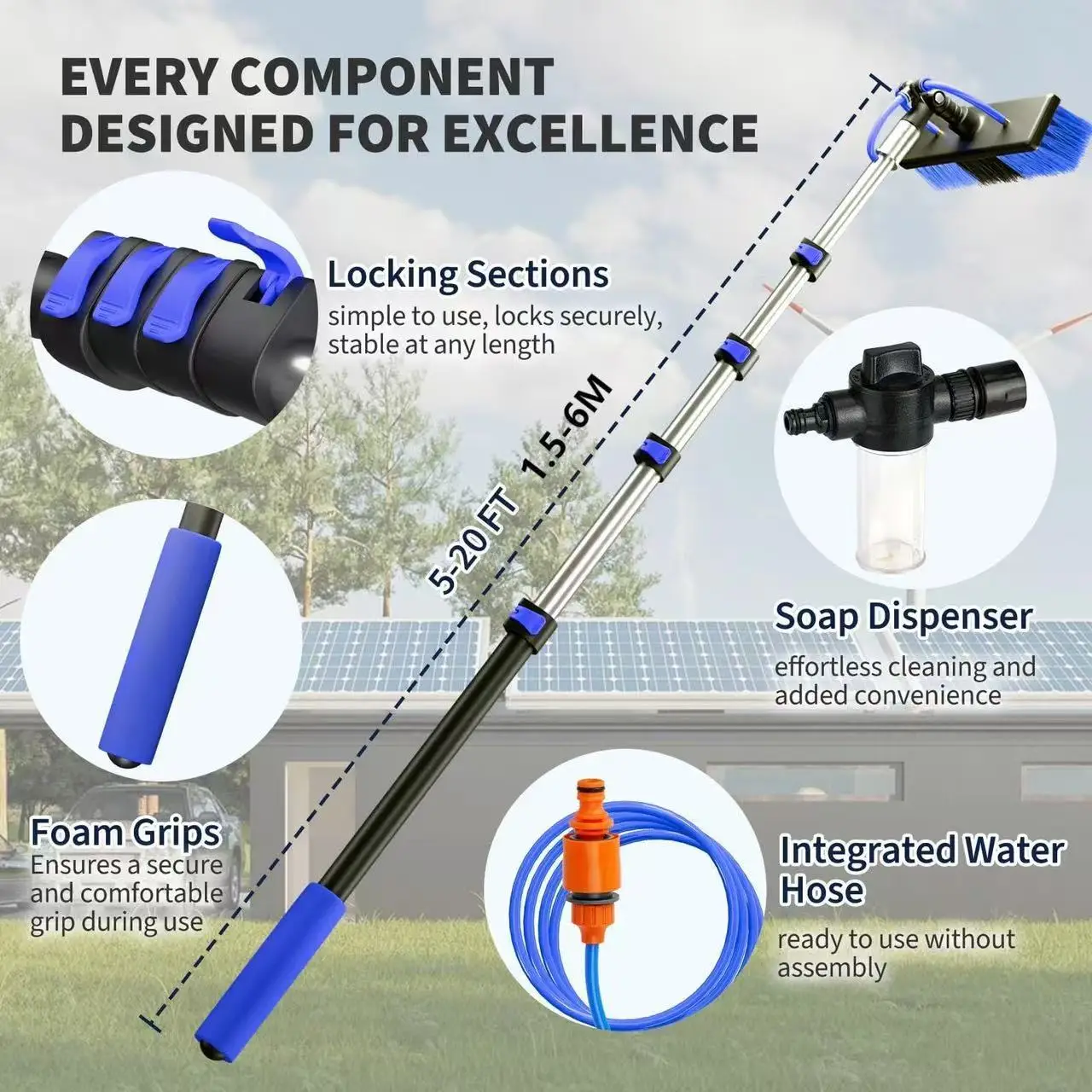 Carbon-Fensterreinigung, Stange OEM 6 m 4,8 m 3,6 m Teleskop-Carbonfaser-Wassergesteuerte Stangen mit Bürste, Reinigungsstab Image