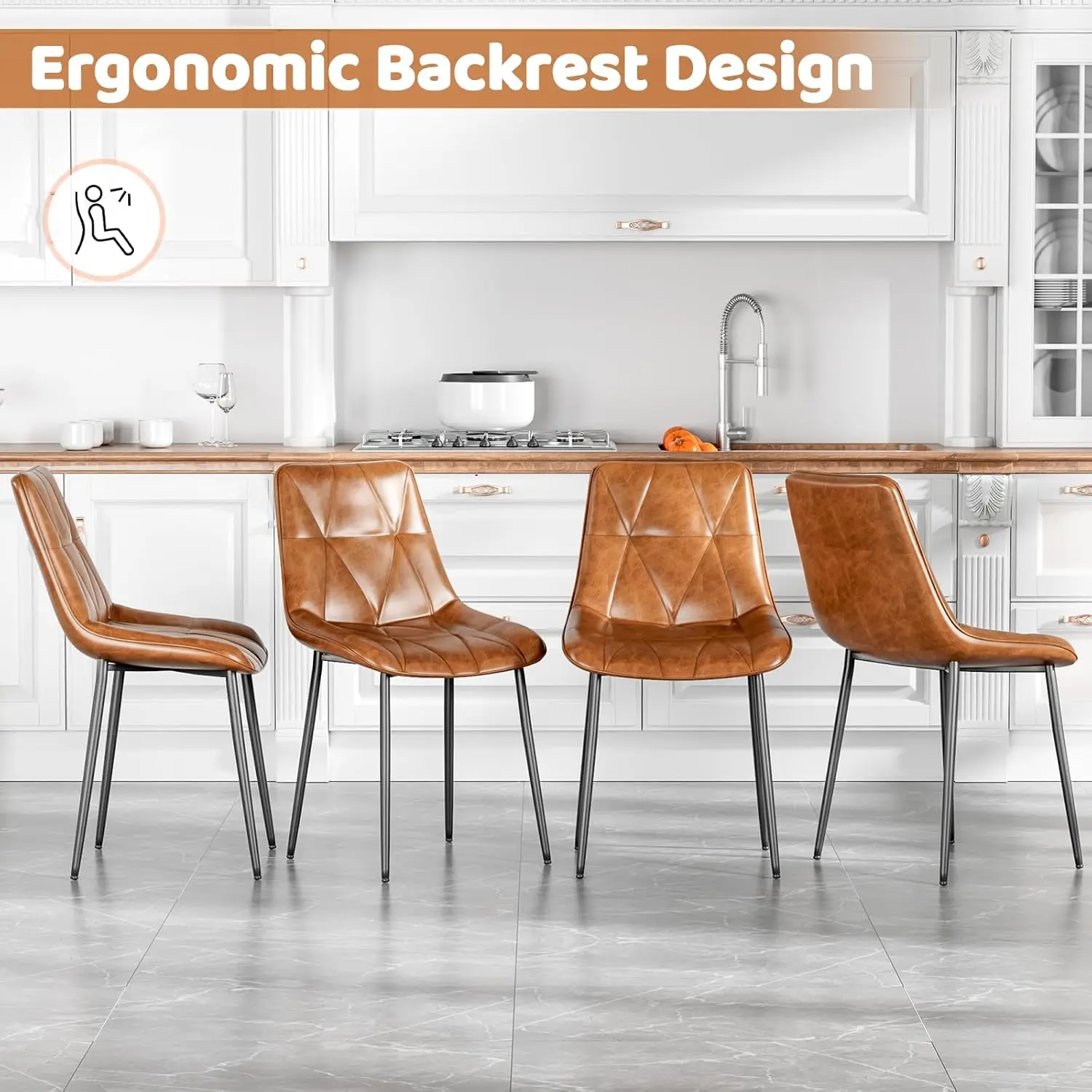2 Stück Esszimmerstühle Bis 200 kg,Küchenstühle,Freizeitstuhl,Bürostuhl PU Polsterstuhl, Metallbeine,81x57x50CM,Braun Image