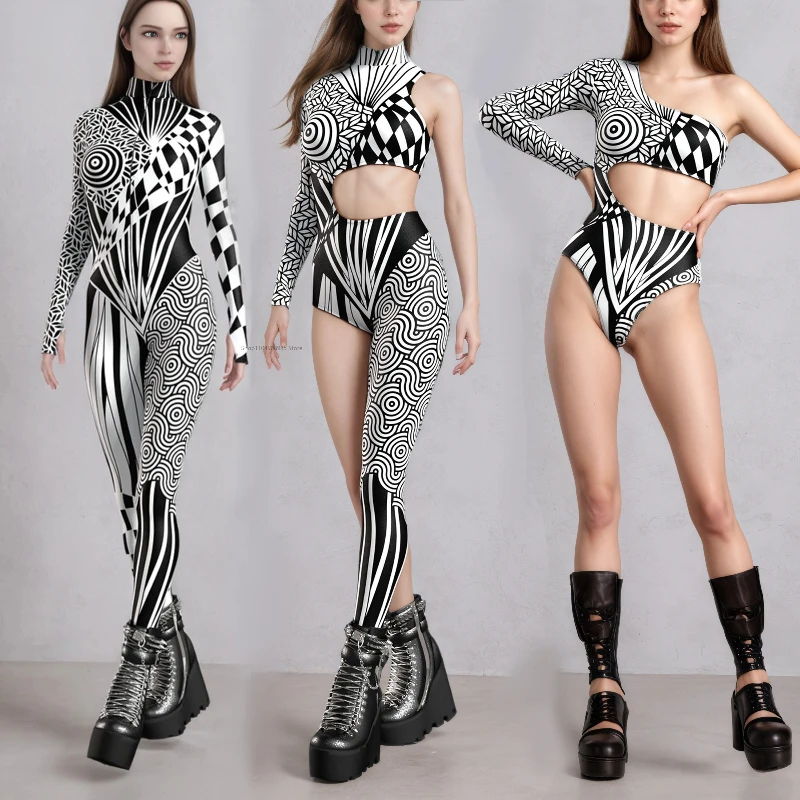 Chaotique Bnw Halloween Cosplay Zentai Anzug Party Body Nachtclub Badeanzug Catsuit Rave Anzüge Radfahren Asymmetrisches Outfit