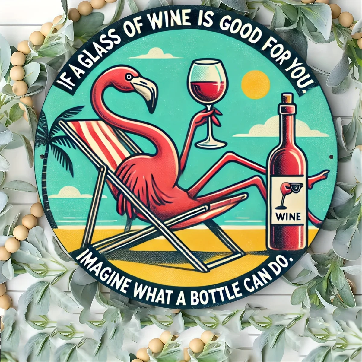 Lustiges „Imagine What a Bottle Wine Can Do“-Eisenschild – 20,3 x 20,3 cm große runde Wandkunst für Küche, Bar, Restaurant-Dekoration Image