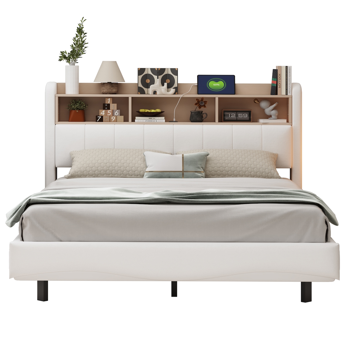 OKWISH Polsterbett 160 x 200 cm, Schwebebett mit LED-Farbwechsel, USB- & Typ-C-Anschlüsse, Kopfteil-Stauraum, Leinenstoff, stabiler Metallrahmen,Beige Image