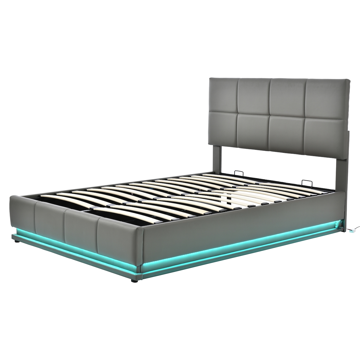 OKWISH LED-Kunstlederbett Polsterbett mit Stauraum, Hydraulisch, Metallrahmen & Lattenrost, Modern & Stabil, Komfortabel 140x200 Grau Image