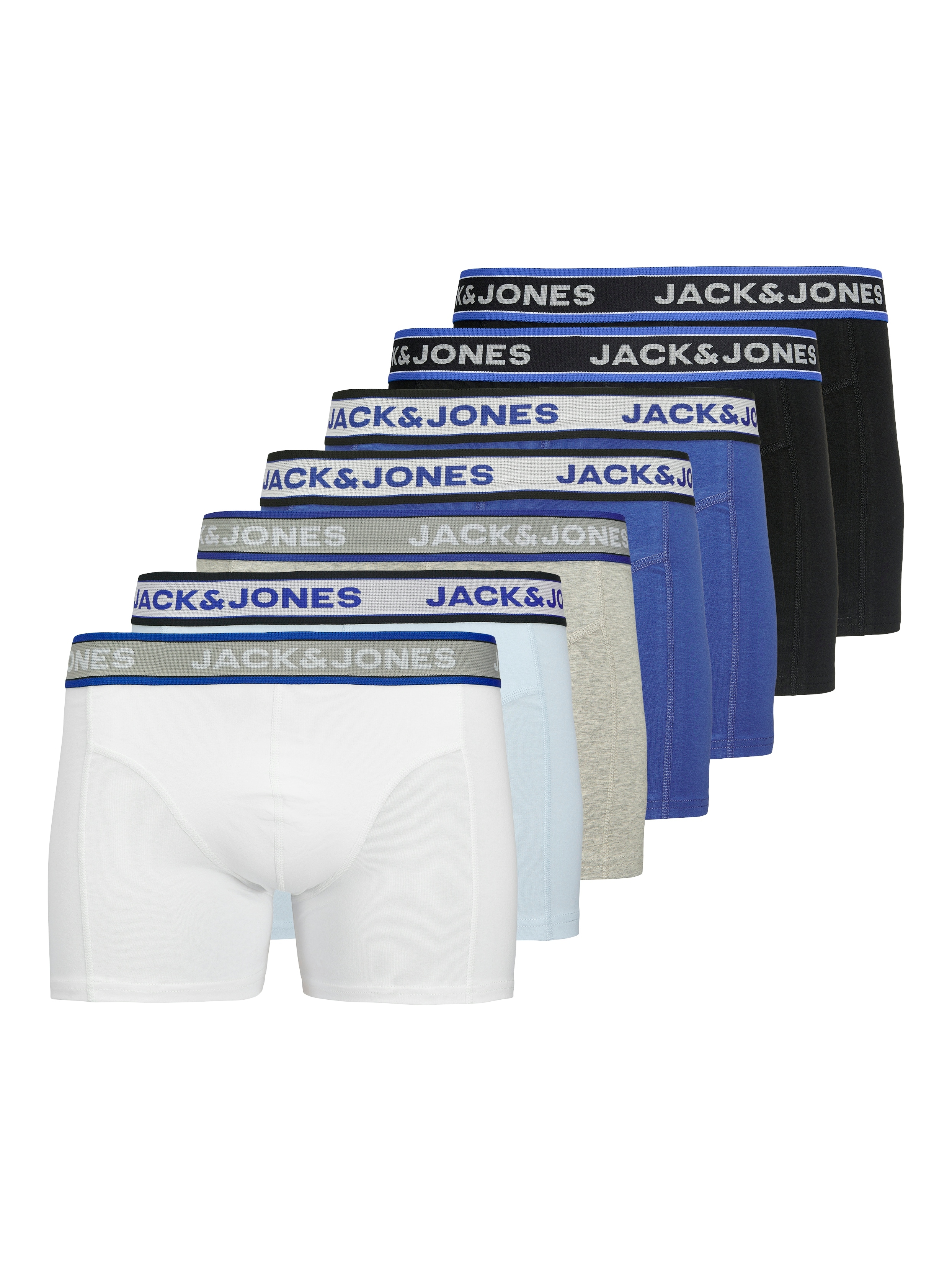 Trunk JACK & JONES "JACHUDSON SOLID TRUNKS 7 PACK", Herren, Gr. XL, schwarz pack:weiß, dazzling blau, dazzling blau, schwarz, lgm, skyway, Jersey, Obermaterial: 95% Baumwolle, 5% Elasthan, unifarben, bequem, Unterhosen Image