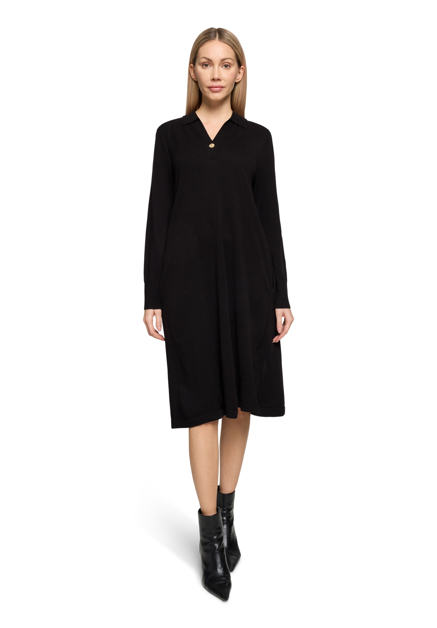 Strickkleid CARTOON "Damen mit Kragen", Damen, Gr. 44, Normalgrößen, schwarz, Obermaterial: 42% Polyacryl, 30% Polyester, 21% Polyamid, 7% Wolle, ausgestellt lang, V-Ausschnitt, Kleider Strickkleid