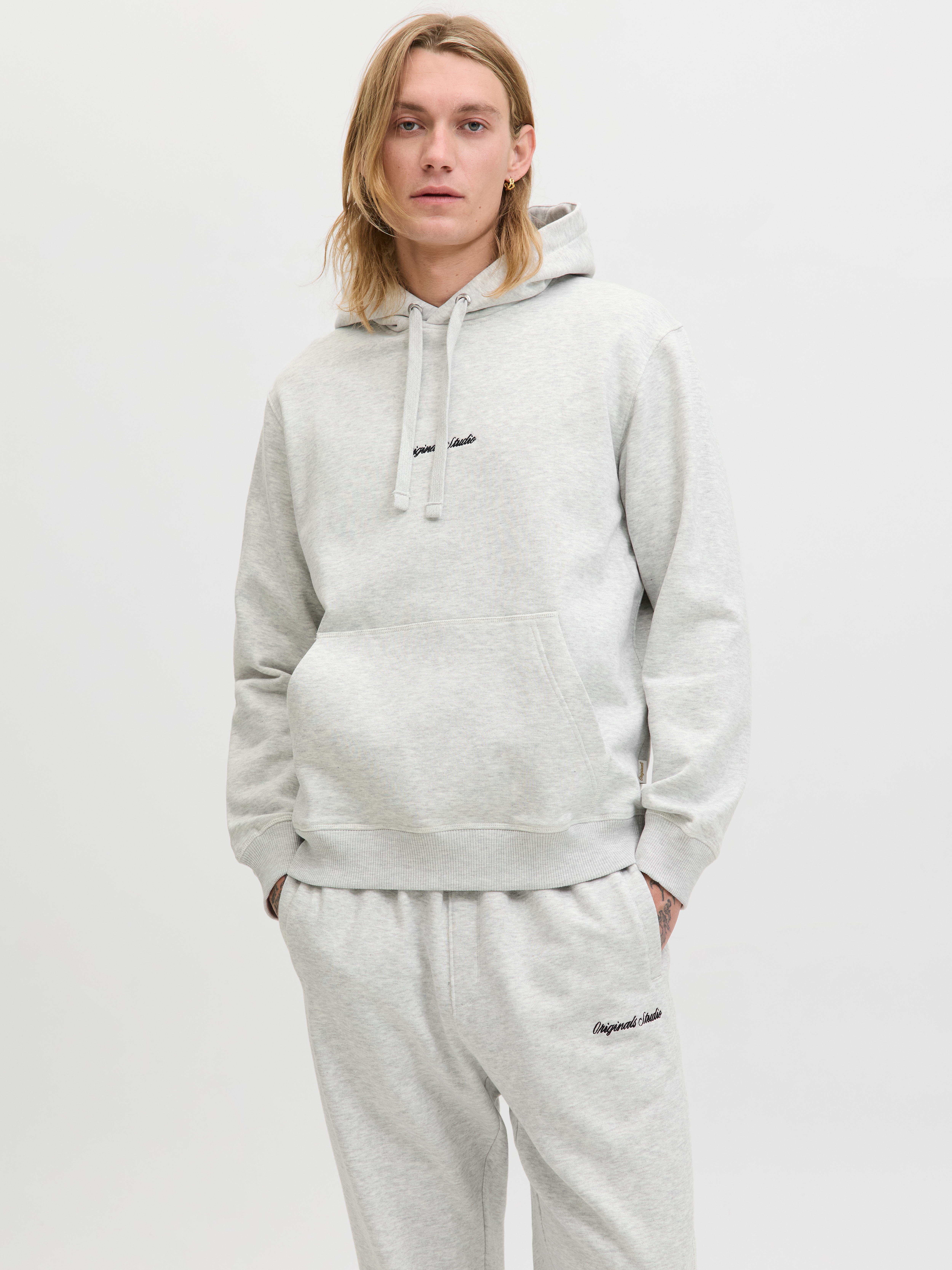 Kapuzensweatshirt JACK & JONES "JORNORREBRO EMB SWEAT HOOD NOOS", Herren, Gr. XXL, weiß (weiß melange), angeraute Sweatware, Obermaterial: 89% Baumwolle, 11% Polyester, meliert, unifarben, relaxed fit normal, Rundhals, Rippbündchen, Sweatshirts, mit... Image