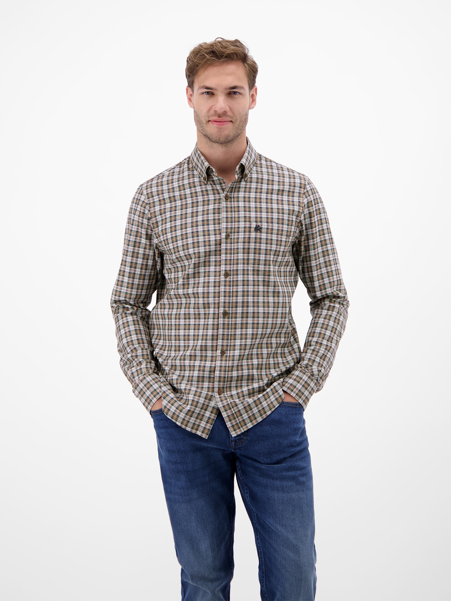Langarmhemd LERROS, Herren, Gr. 3XL, N-Gr, light coffee, Web, Obermaterial: 100% Baumwolle, kariert, normal hüftbedeckend, Rundhals, 2-Knopf-Manschette, Hemden, kariert Image